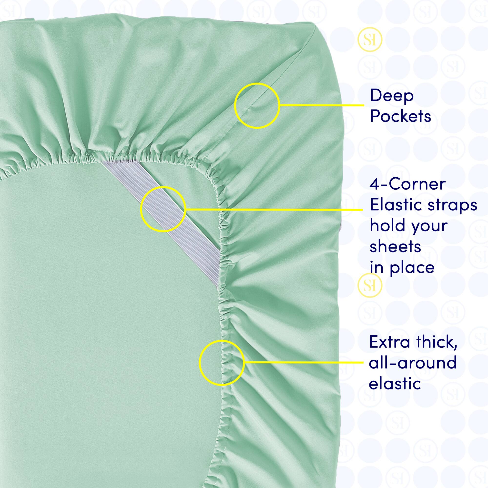 - Deep Pockets
- 4-Corner Elastic straps hold your sheets in place
- Extra thick, all-around elastic