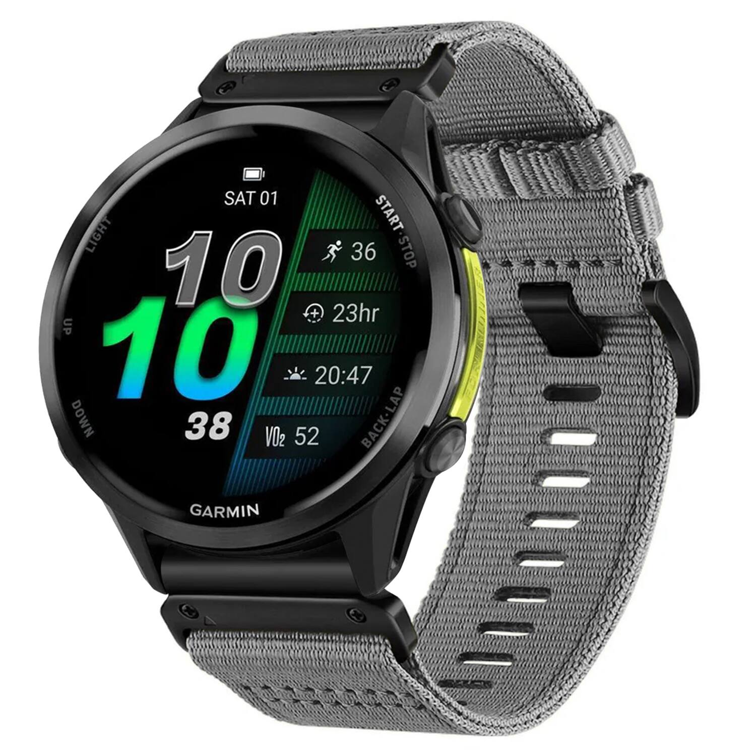 SAT 01  
LIGHT  
10 10 38  
36  
23hr  
20:47  
VO2 52  
BACK-LAP  
GARMIN