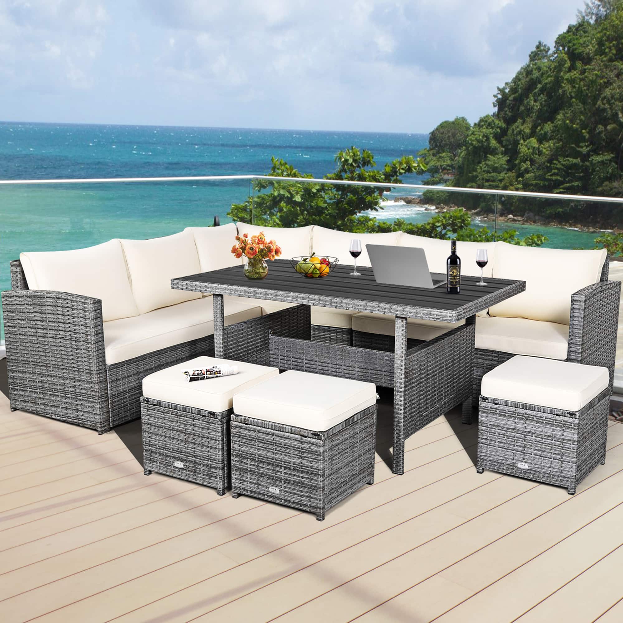 Front. Gymax - Gymax 7PCS Rattan Patio Sectional Sofa Set Conversation Set w/ White Cushions - White.