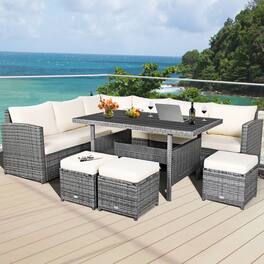 Gymax - 7PCS Rattan Patio Sectional Sofa Set Conversation Set w/ Cushions - White