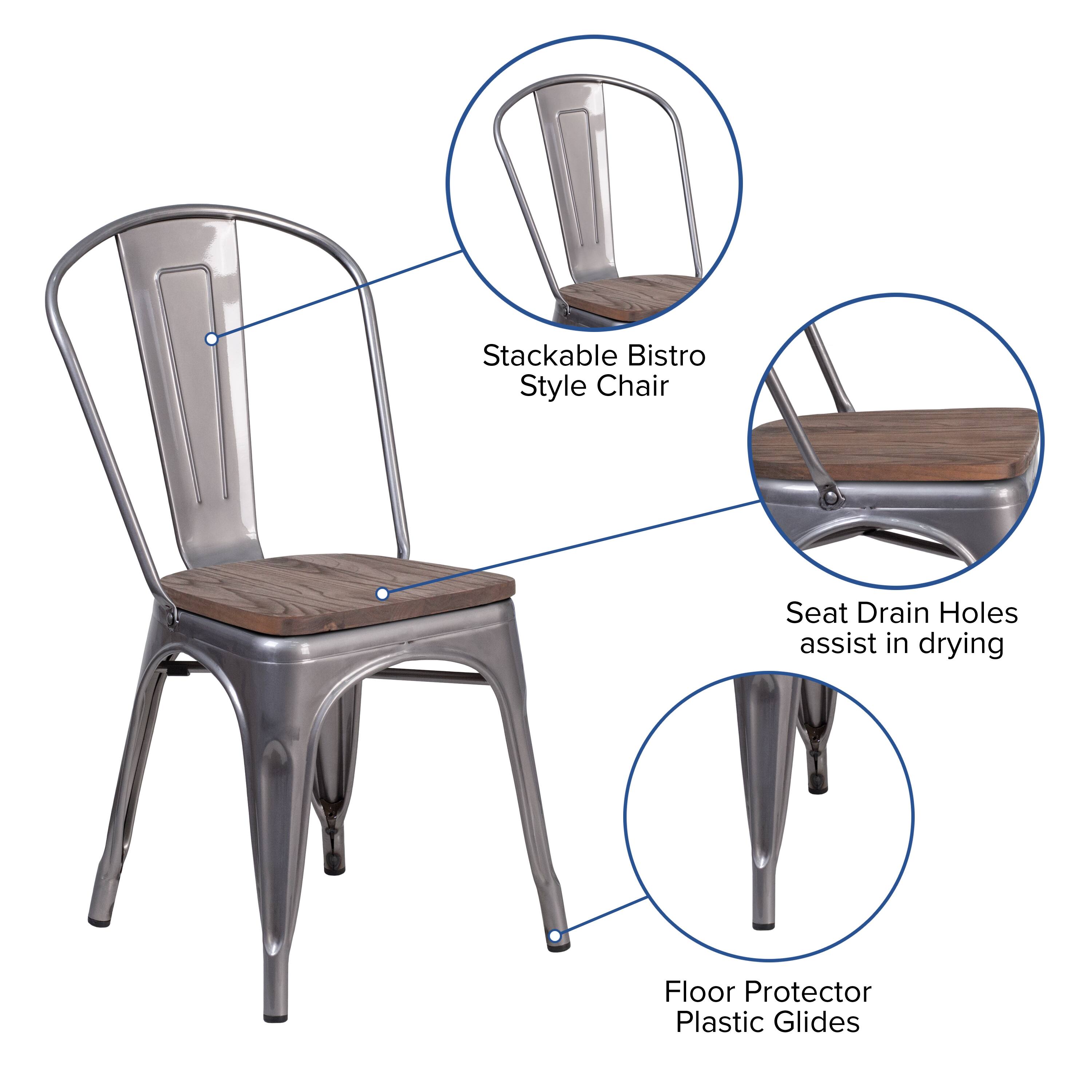 Stackable Bistro Style Chair Seat Drain Holes assist in drying Floor Protector Plastic Glides