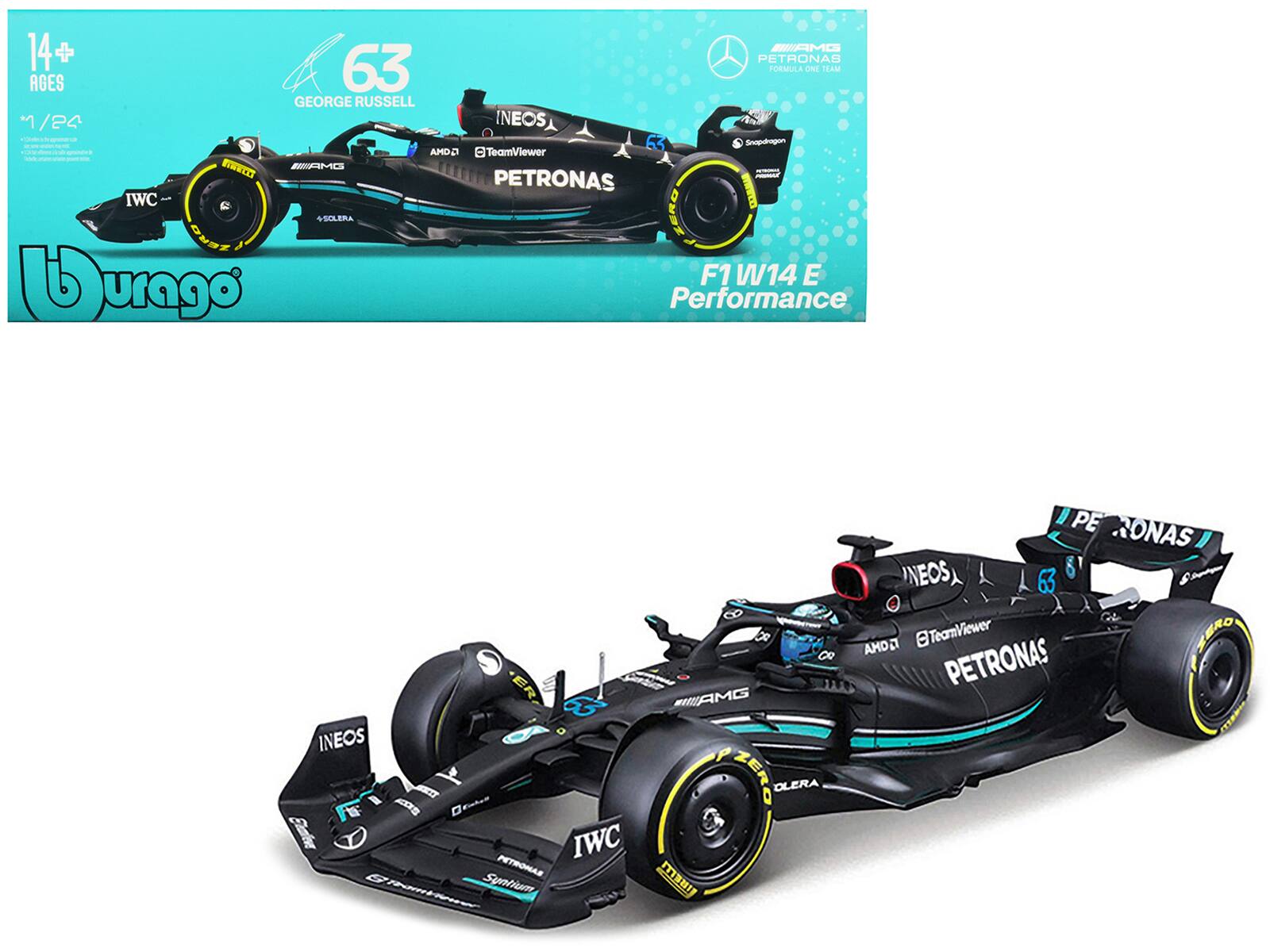 Bburago - Mercedes-AMG F1 W14 E Performance #63 George Russell "Petronas" Formula One F1 "World Championship" (2023) 1/24 Diecast - Black
