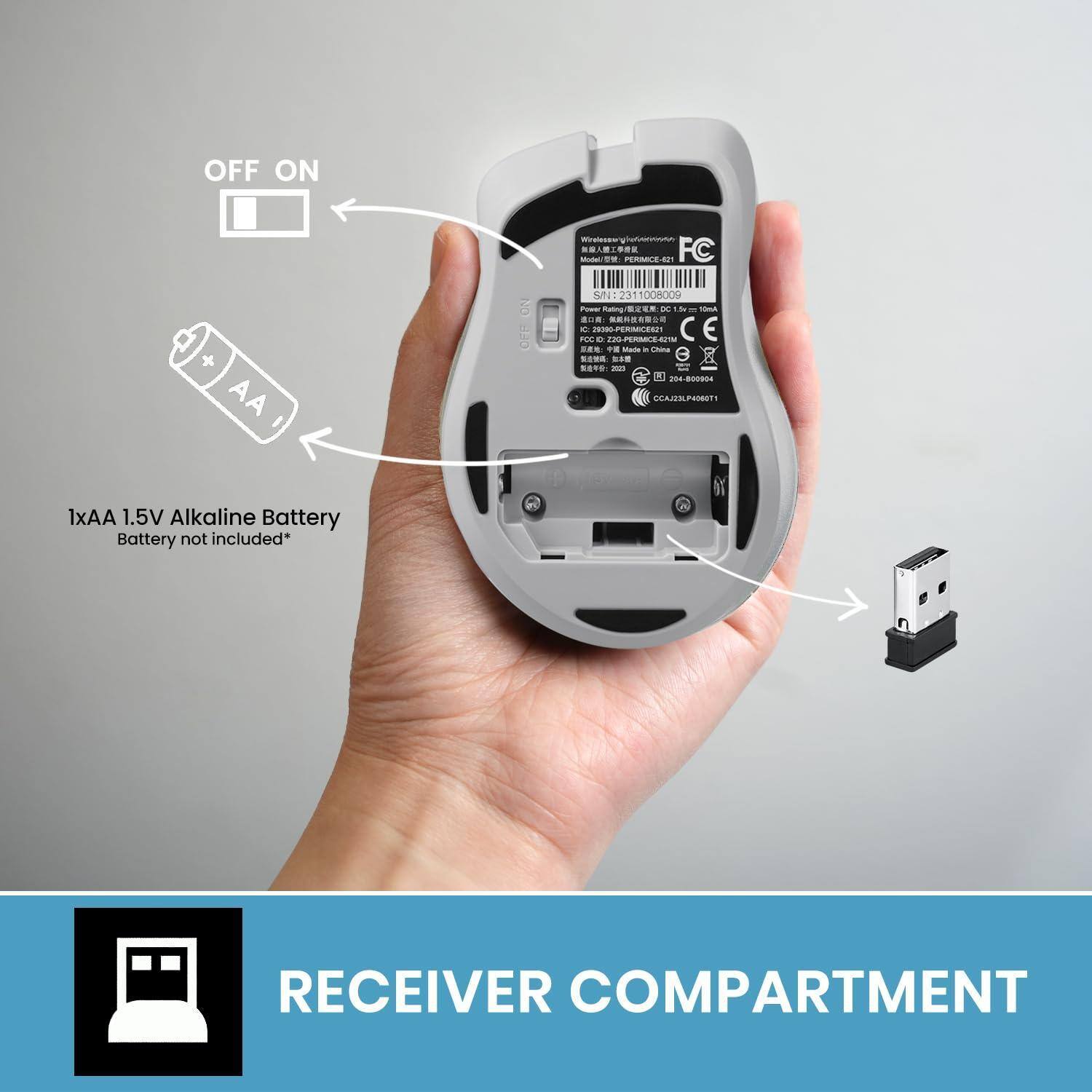 - OFF ON
- 1xAA 1.5V Alkaline Battery
- Battery not included*
- RECEIVER COMPARTMENT