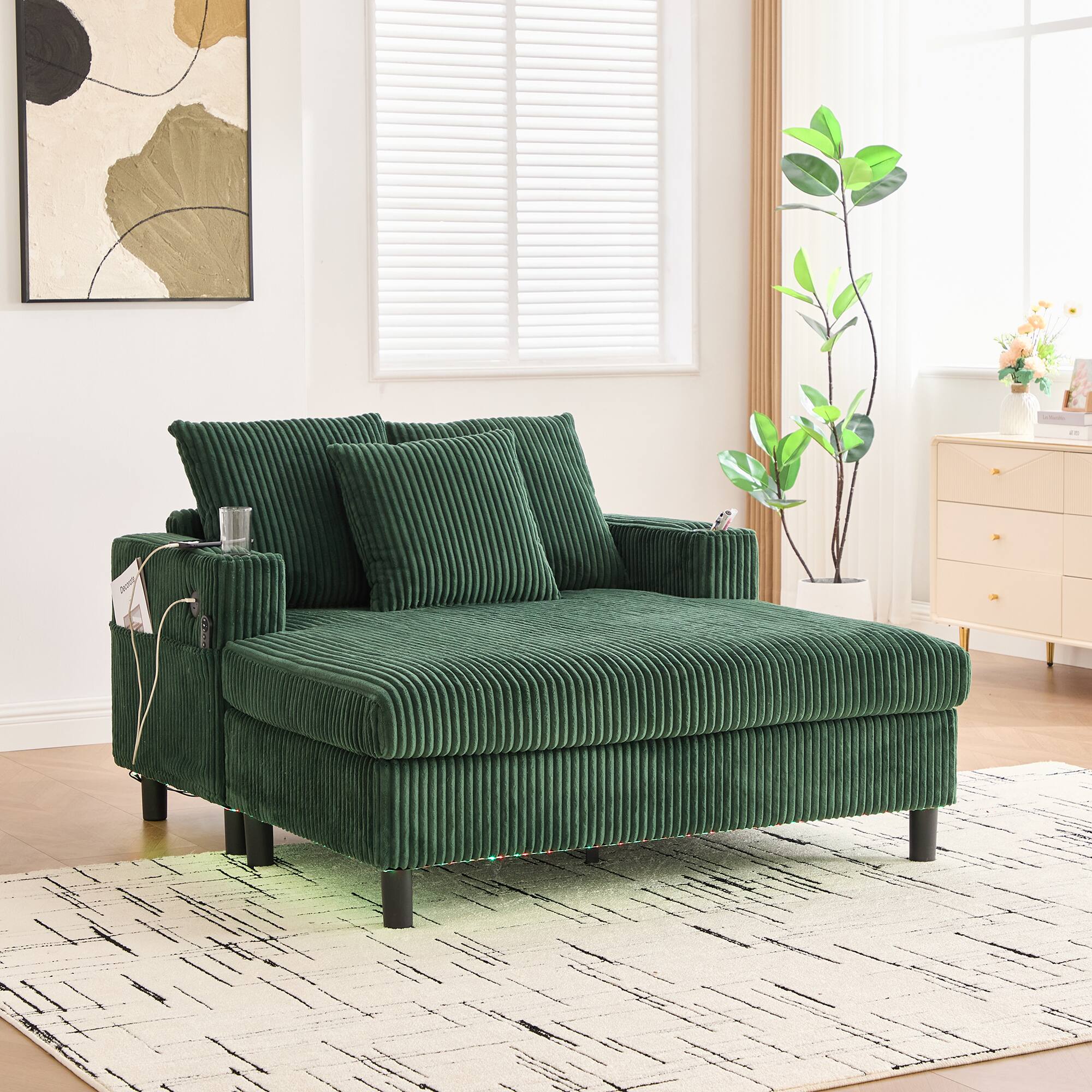 Alt View 9. Trinkets Crazed - Modern Corduroy Oversized Recliner Sofa with Deep Seat, USB Charging,RGB LED Light Strip - Emerald.