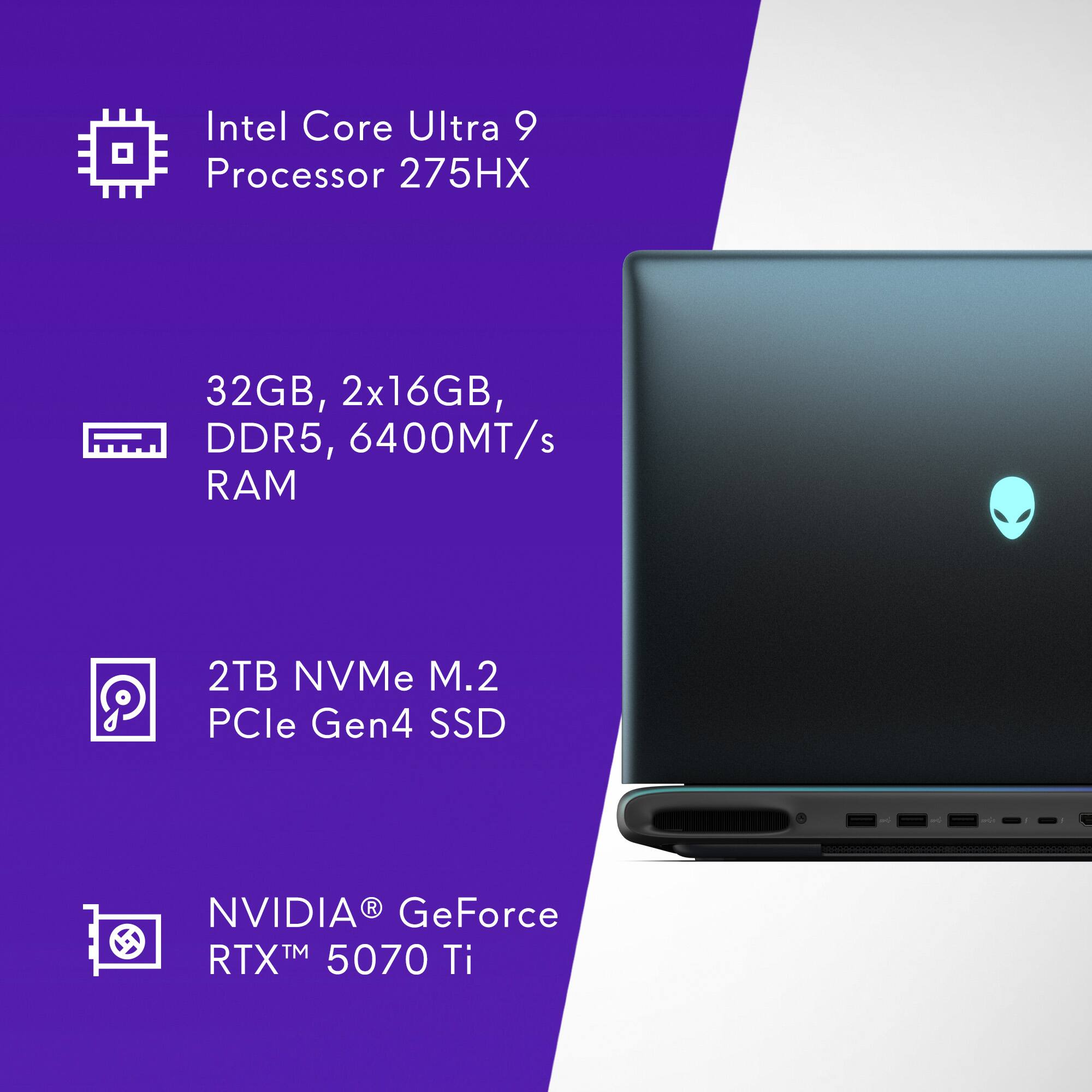 The text on the image is already grouped and correctly written. It reads: "Intel Core Ultra 9 Processor 275HX 32GB, 2x16GB, DDR5, 6400MT/s RAM 2TB NVMe M.2 PCle Gen4 SSD NVIDIA RTX 5070 Ti."