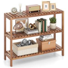 Gymax - 3-Tier Side Table Teak Wood Stand Utility Storage Shelf Organizer Entryway Bench - Natural