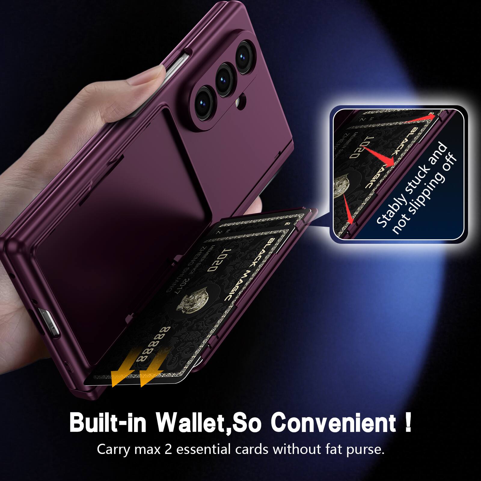 - ZHENG JOV MEMPBOR TOSO BLACK 2017 MAGIC  
I N Zy P SACeSIN 020T 3  
and off CR AGIC  
AIN stuck AIMEUAE  
Stably slipping not Built-in Wallet, So Convenient!  
Carry max 2 essential cards without fat purse.