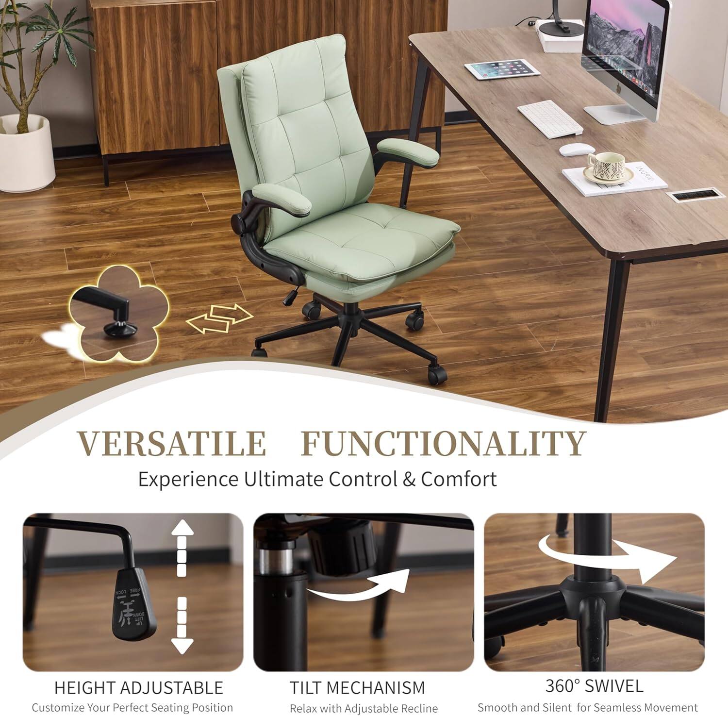 VERSATILE FUNCTIONALITY  
Experience Ultimate Control & Comfort  

HEIGHT ADJUSTABLE  
Customize Your Perfect Seating Position  

TILT MECHANISM  
Relax with Adjustable Recline  

360° SWIVEL  
Smooth and Silent for Seamless Movement