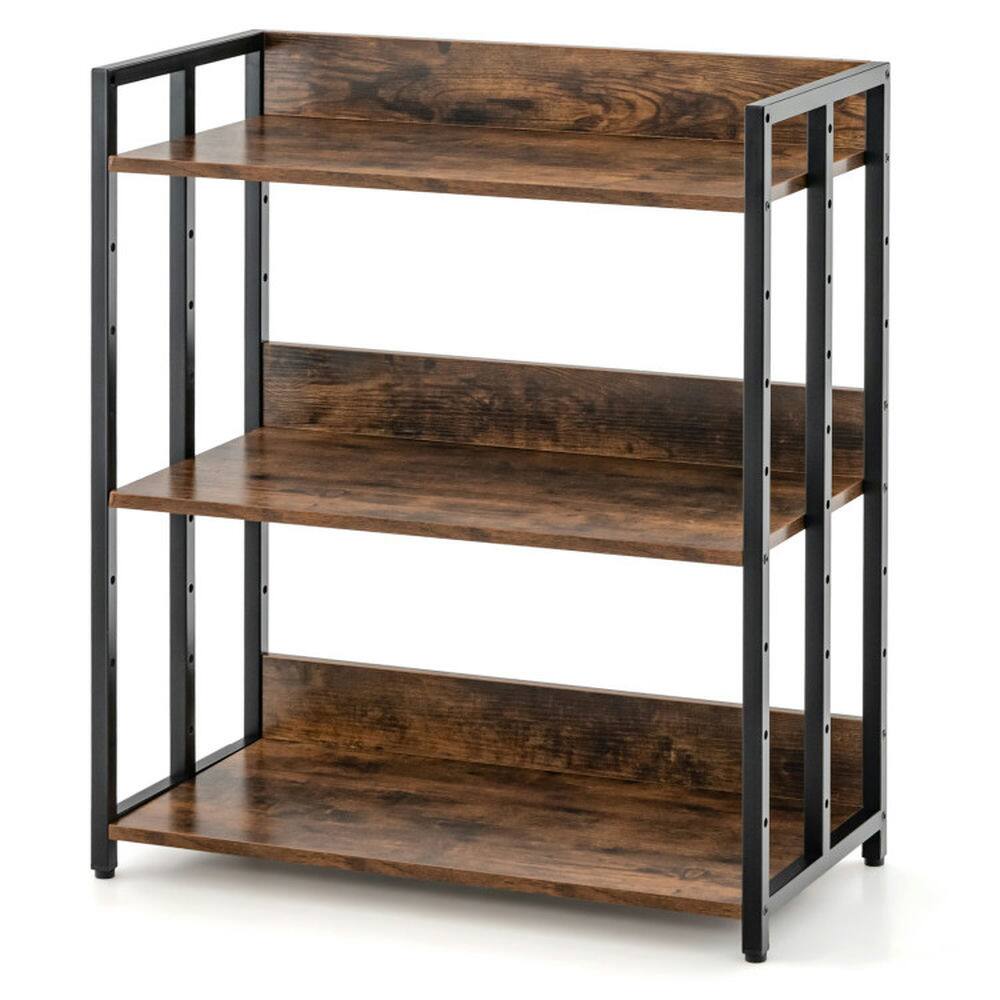 Front. Pefilos - 3-Tier Corner Bookcase with Adjustable Shelves and Metal Frame-Rustic Brown, Tall Bookshelf, Shelves for Living Room - Brown.