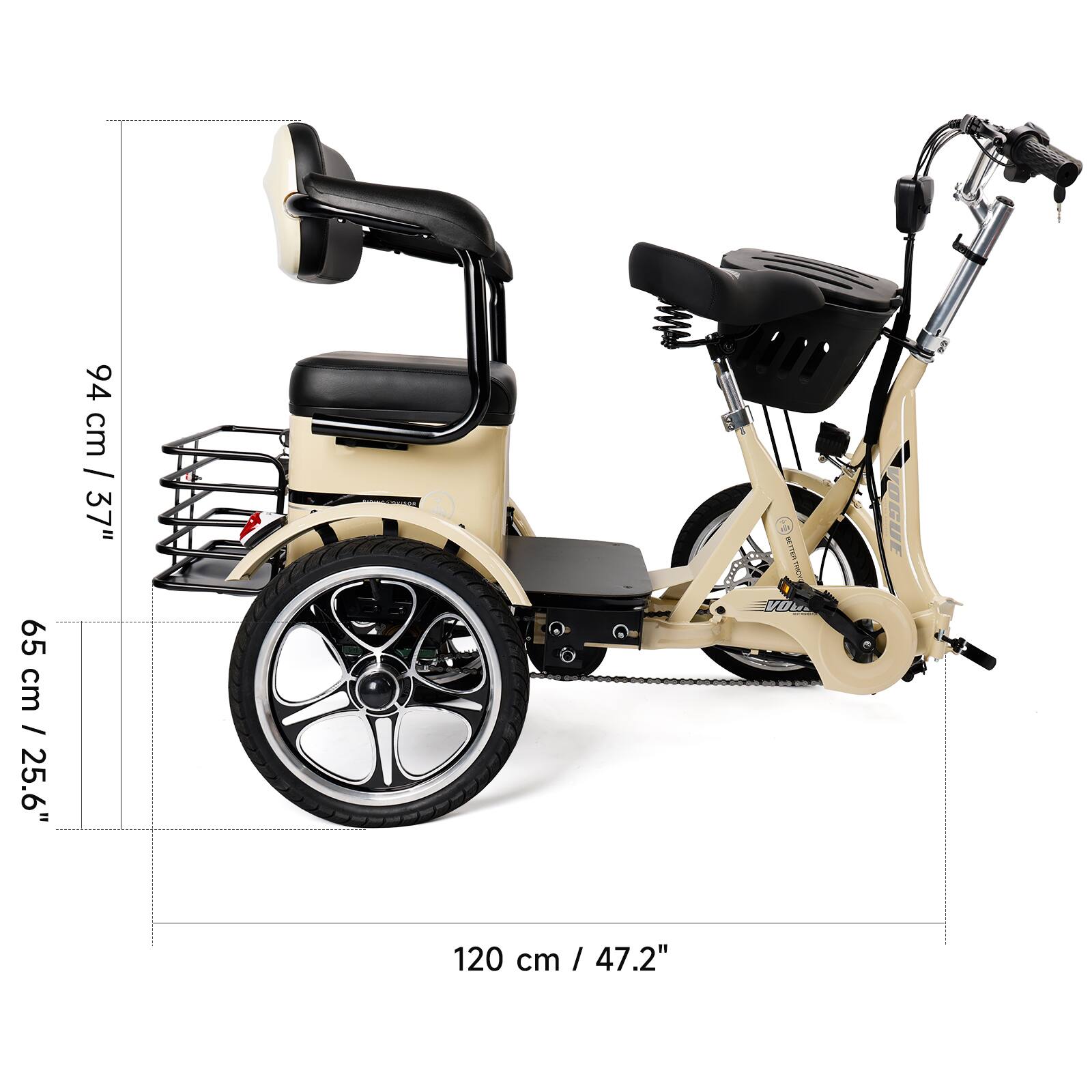 94 cm / 37"  
65 cm / 25.6"  
120 cm / 47.2"