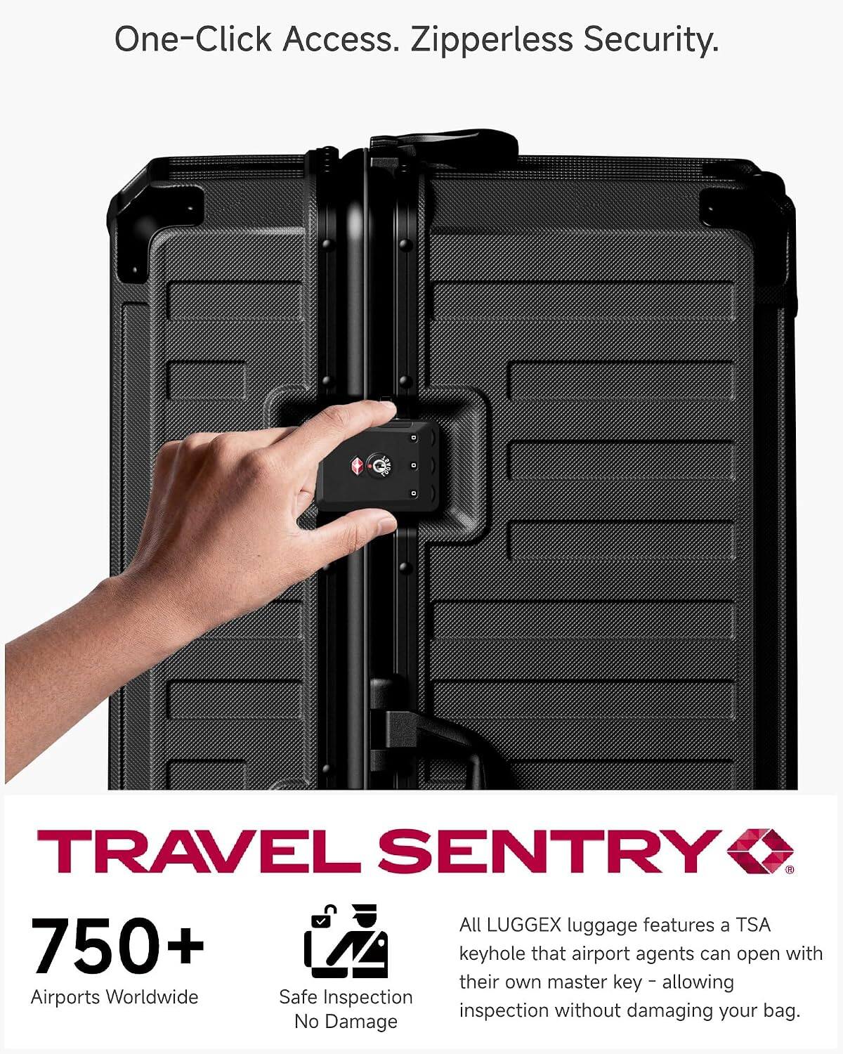 One-Click Access. Zipperless Security. TRAVEL SENTRY R All LUGGEX luggage features a TSA 750+ keyhole that airport agents can open with their master key - allowing inspection without damaging your bag. No Damage