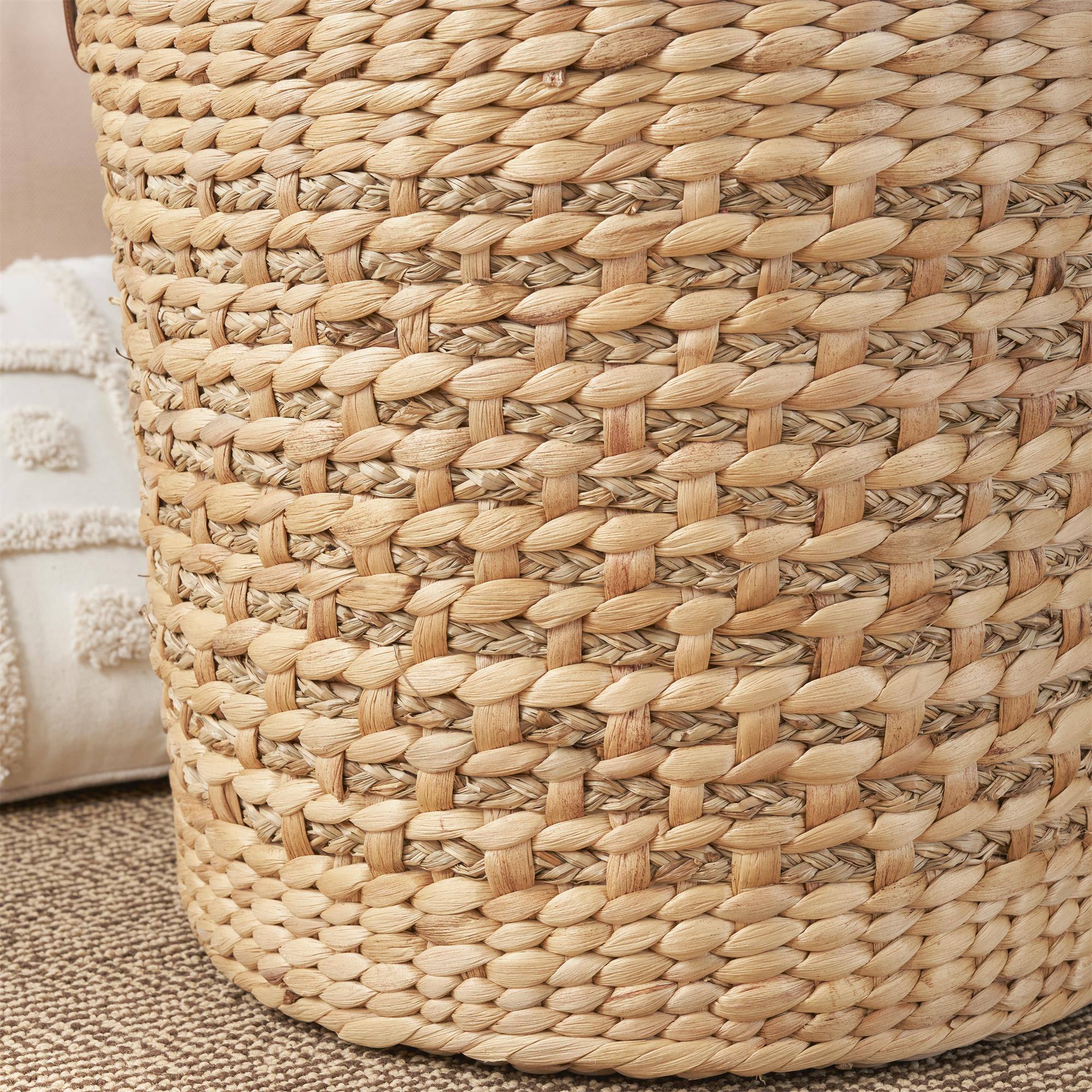 Alt View 3. Boyel Living - Brown Round Water Hyacinth Woven Multi-Use Storage Basket 15.7-in L x 15.7-in W x 15.7-in H with Faux Leather Handles - Brown.