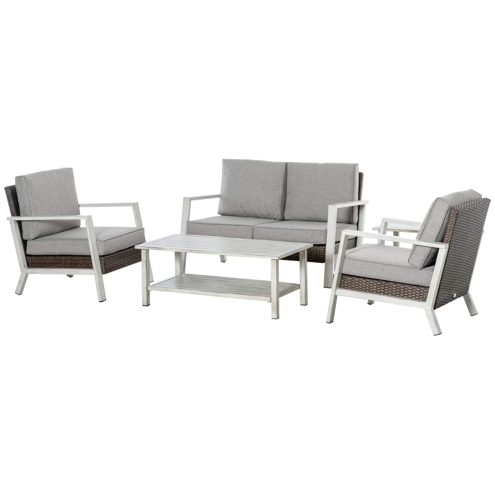 Outsunny - Aluminum Patio Furniture Set, 5 Piece Modern Outdoor Conversation Set with Loveseat Sofa, Chairs, Cushions - Gray