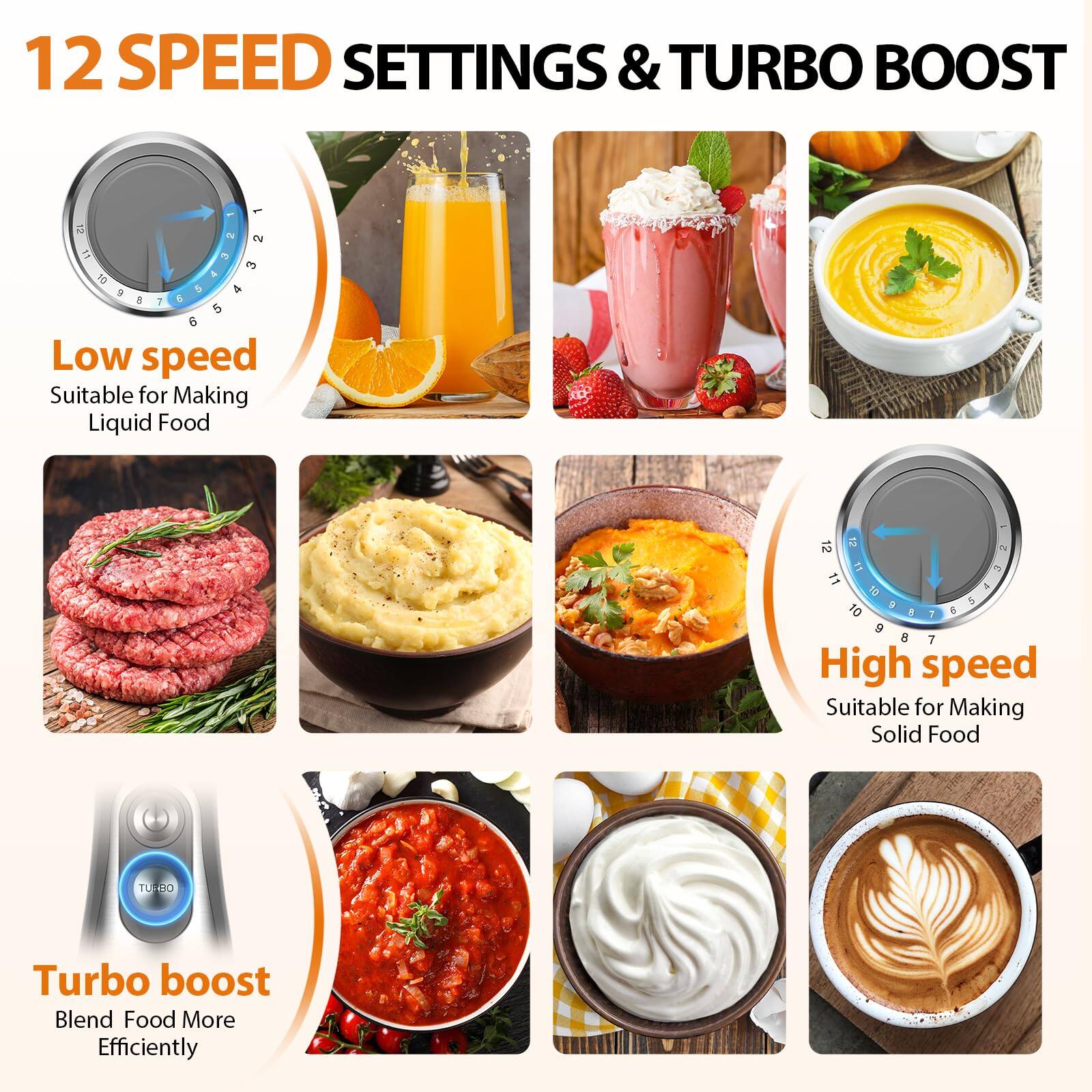 12 SPEED SETTINGS & TURBO BOOST

Low speed  
Suitable for Making Liquid Food

High speed  
Suitable for Making Solid Food

Turbo boost  
Blend Food More Efficiently