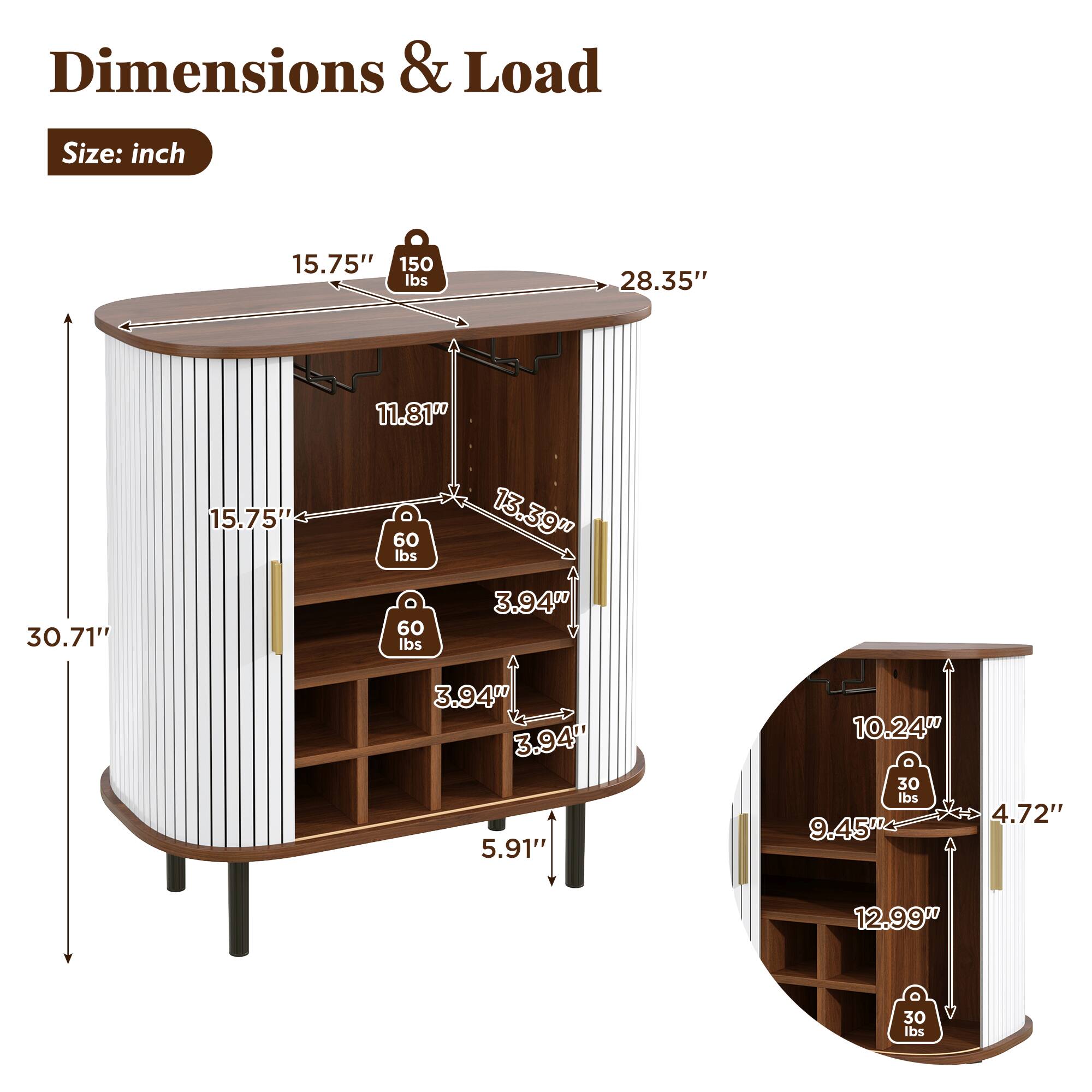 Dimensions & Load Size:  
- Height: 30.71"  
- Diameter: 28.35"  
- Top Shelf: 15.75" x 11.81" (Load: 150 lbs)  
- Second Shelf: 15.75" x 13.39" (Load: 60 lbs)  
- Third Shelf: 15.75" x 3.94" (Load: 60 lbs)  
- Fourth Shelf: 15.75" x 3.94" (Load: 60 lbs)  
- Fifth Shelf: 15.75" x 5.91" (Load: 30 lbs)  
- Bottom Shelf: 9.45" x 4.72" (Load: 30 lbs)