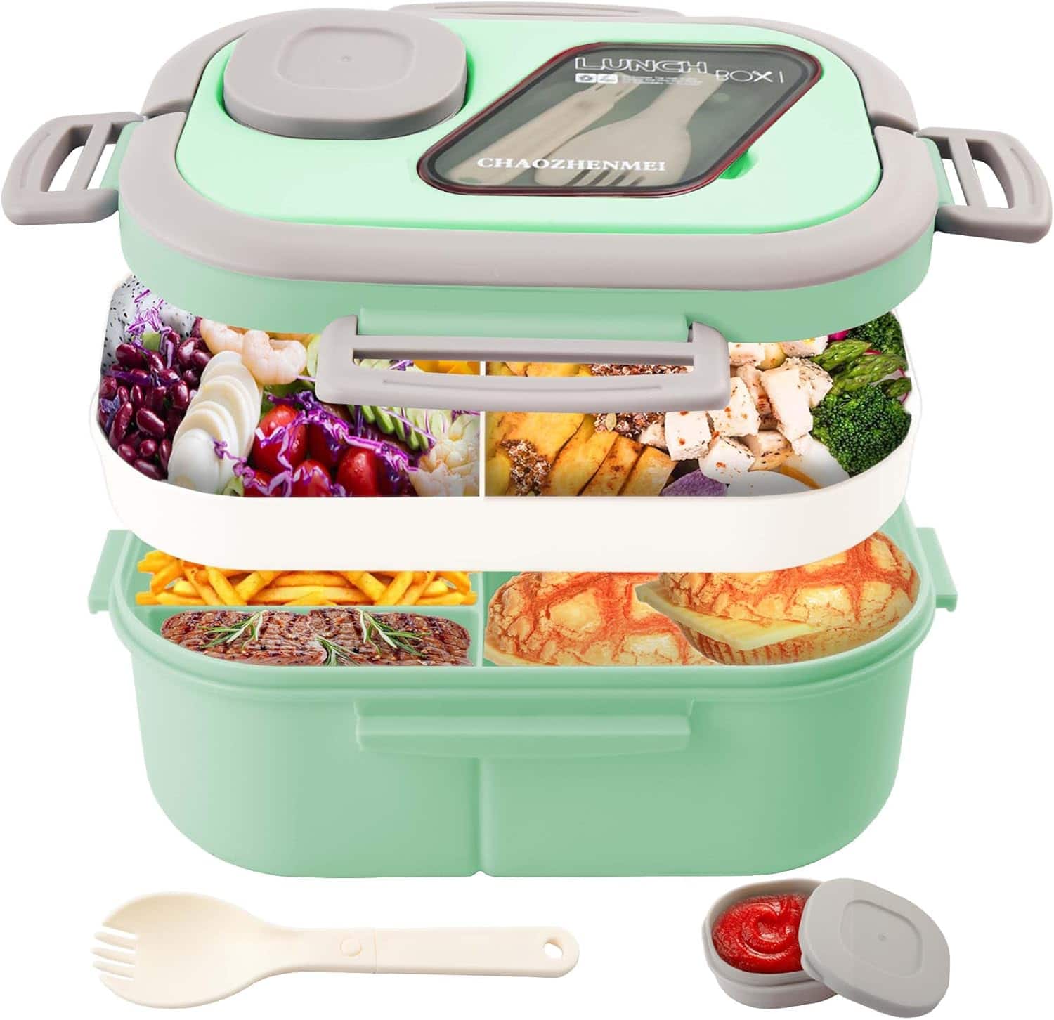 Auledio - 1Pc Portable Lunch Box,Compartment Carrying Handle Bento Lunch Box, Reusable Tableware Containers Food Containers(Green)