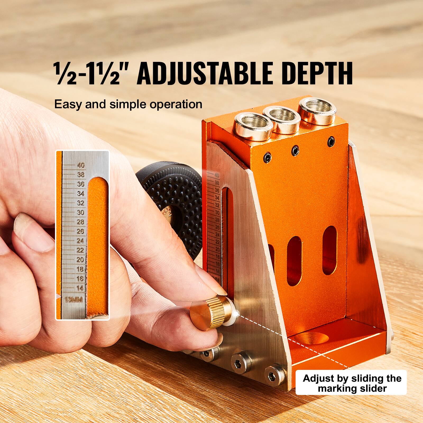 1/2-11/2" ADJUSTABLE DEPTH  
Easy and simple operation  

Adjust by sliding the marking slider