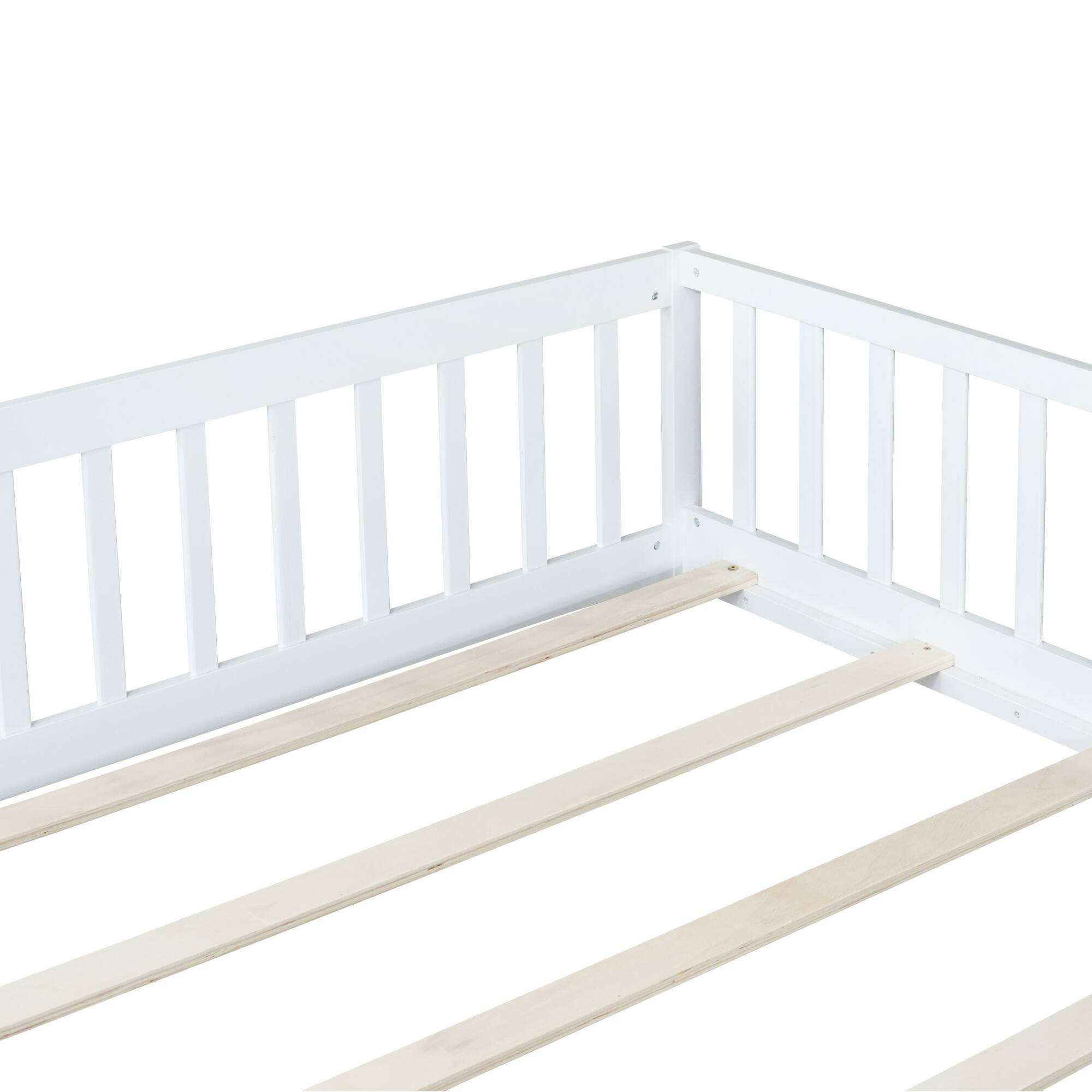 Alt View 10. GOODSILO - Queen Size Low-Profile Platform Bed with Safety Guardrails and Entry Door for Secure Sleeping Space - White.