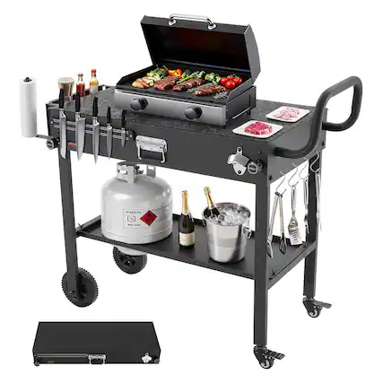 Front. VEVOR - Outdoor Grill Cart, 31.0 x 17.0 inch Tabletop Size Grilling Table, Foldable Outdoor Cooking Table with Tissue Holder - Black.