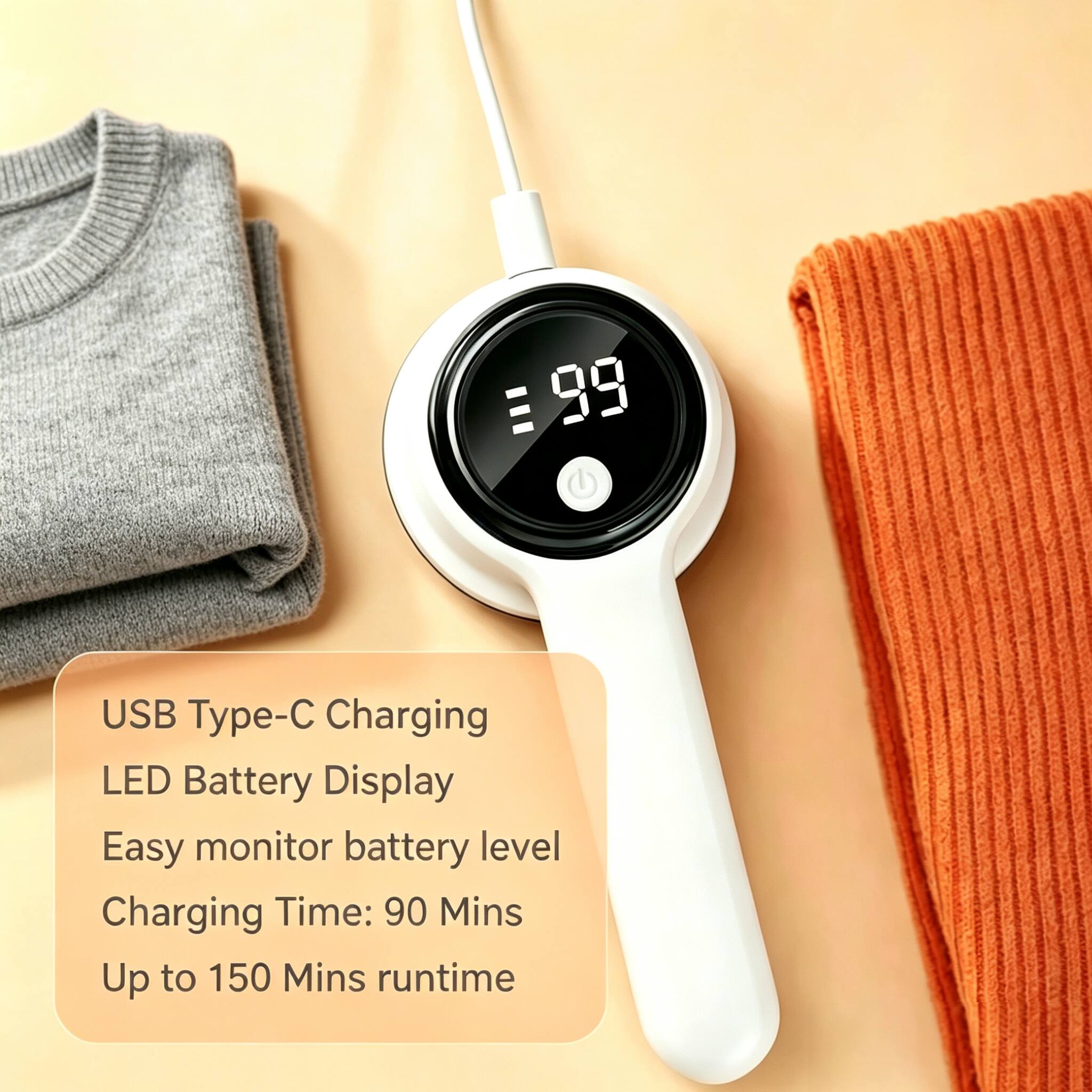 USB Type-C Charging  
LED Battery Display  
Easy monitor battery level  
Charging Time: 90 Mins  
Up to 150 Mins runtime