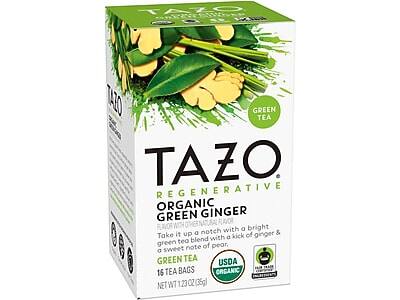 TAZO  
REGENERATIVE  
ORGANIC GREEN GINGER  
FLAVOR WITH OTHER NATURAL FLAVOR  

Take it up a notch with a bright green tea blend with a kick of ginger & a sweet note of pear.  

GREEN TEA  
16 TEA BAGS  
NET WT 1.23 OZ (35g)  

USDA ORGANIC