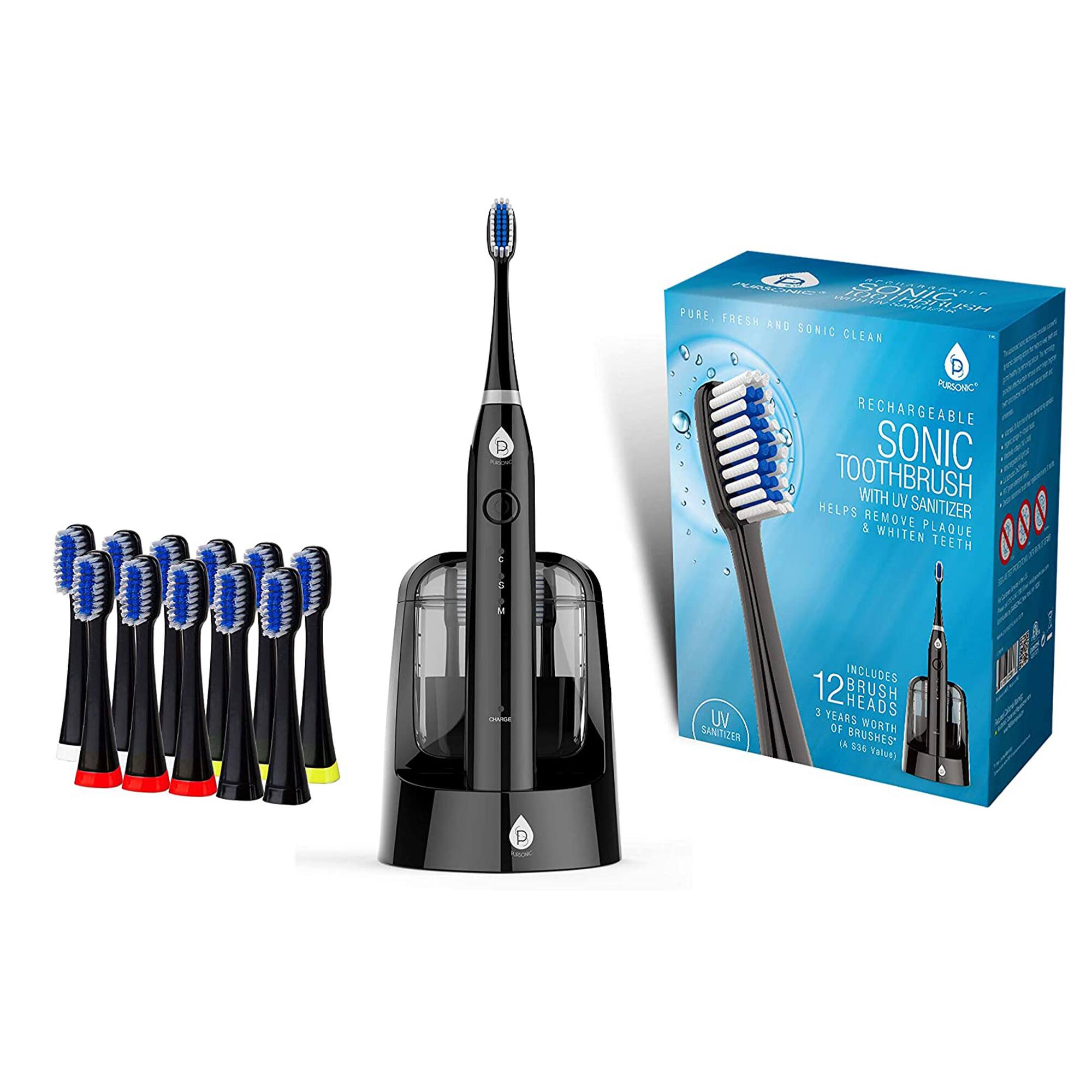 PURE, FRESH AND SONIC CLEAN  
RECHARGEABLE SONIC TOOTHBRUSH WITH UV SANITIZER  
HELPS REMOVE PLAQUE & WHITEN TEETH  
INCLUDES 12 BRUSH HEADS  
3 YEARS OF WORTH OF BRUSHES