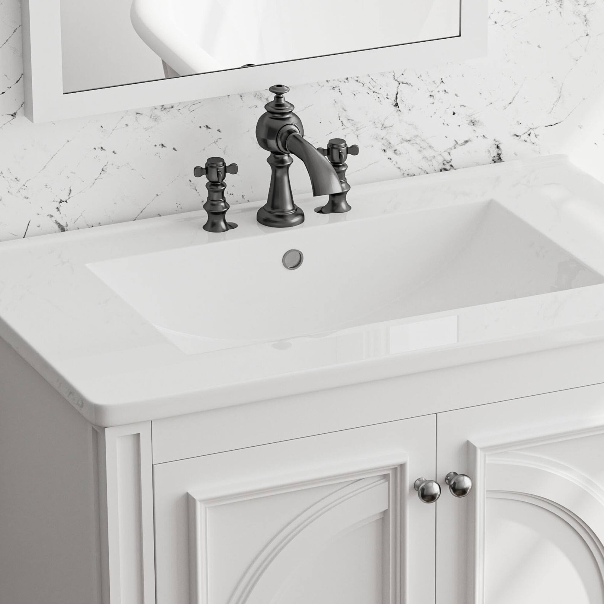 Alt View 2. KERDOM - 30 Inch Wide Bathroom Vanity With Ceramic Sink & Countertop, 3 Holes French Vintage Vanity Half Bath Cabinet, No Faucet - White.
