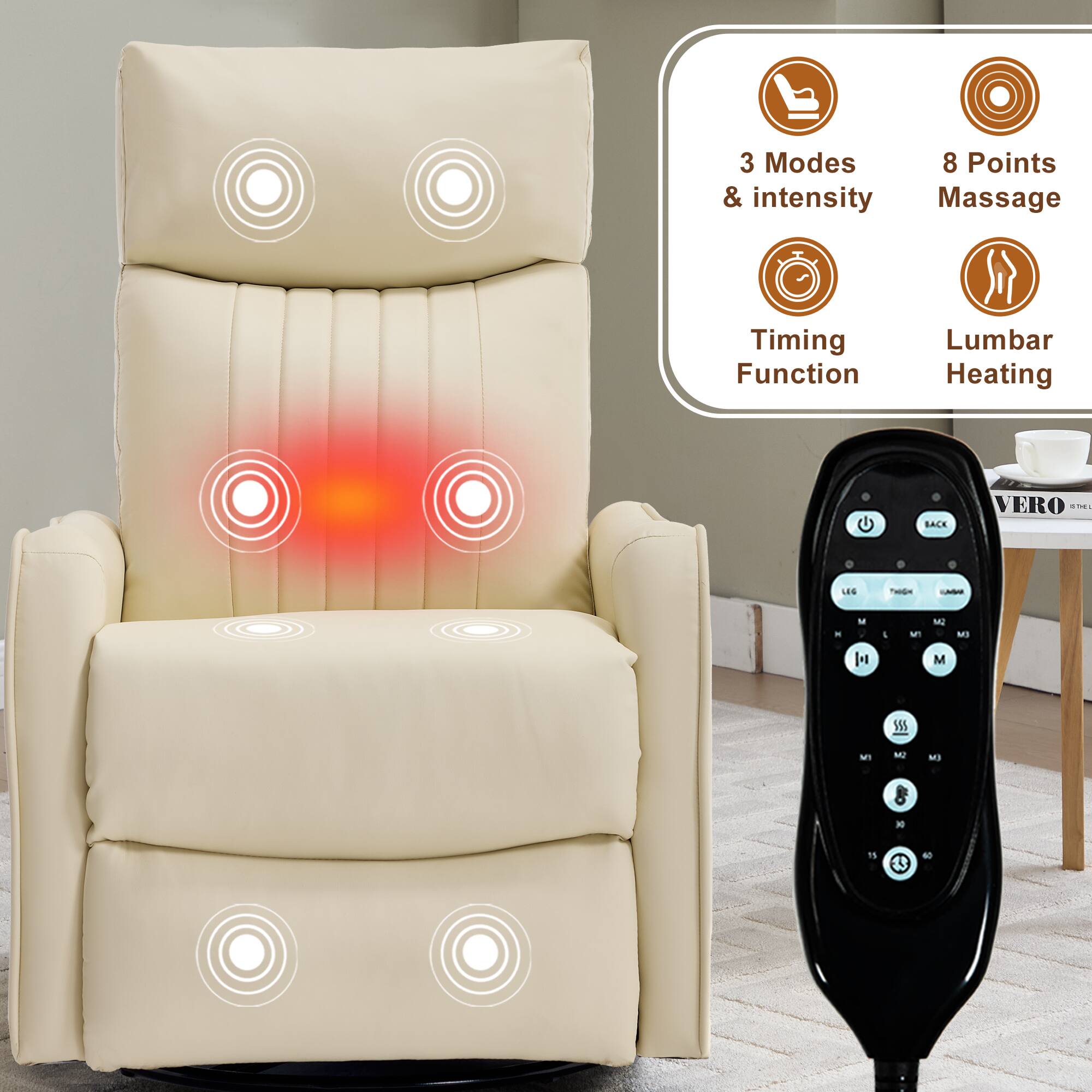 3 Modes & intensity  
8 Points Massage  
Timing Function  
Lumbar Heating