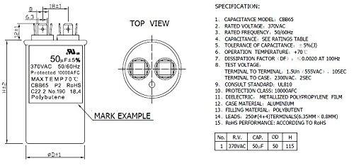 H2 18:1 R 6.3 TOP VIEW  
50µF 15% 370VAC 50/60Hz Protected 1000DAFC MAX TEMP 70°C CBB65 P2 RoHS C22.2 No.190 18.4 Polybutene  

MARK EXAMPLE  
SPECIFICATION:  
1. CAPACITANCE MODEL: CB865  
2. RATED VOLTAGE: 370VAC  
3. RATED FREQUENCY: 50/60Hz  
4. CAPACITANCE: SEE RATINGS TABLE  
5. TOLERANCE OF CAPACITANCE: ±5%(J)  
6. OPERATION TEMPERATURE: +70°C  
7. DISSIPATION FACTOR (DF): 0.0020 AT 100Hz  
8. TEST VOLTAGE:  
   - TERMINAL TO TERMINAL: 1.5Un (555VAC), 10SEC  
   - TERMINAL TO CASE: 2300VAC, 2SEC  
9. CONSULT STANDARD: UL1010  
1