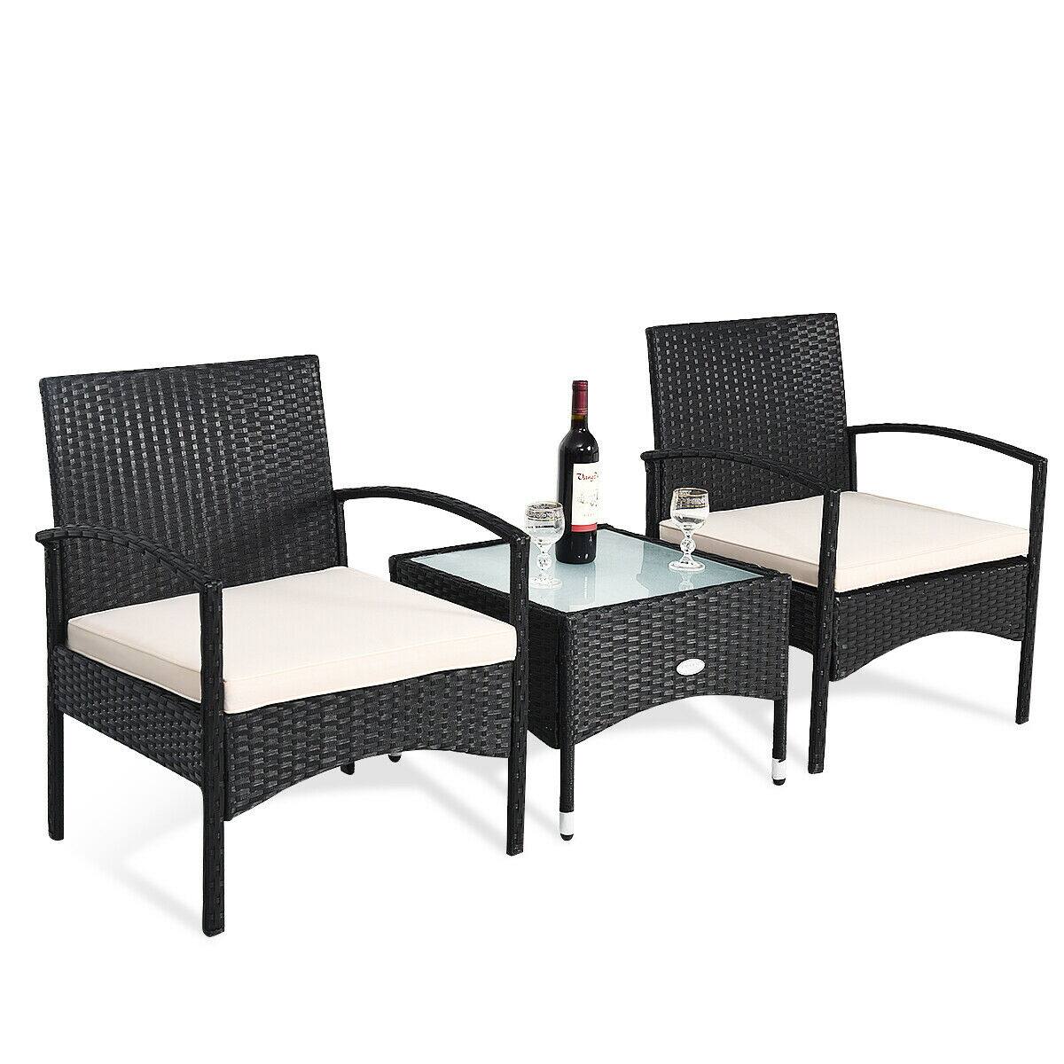 Alt View 1. Gymax - Gymax 3 PCS Patio Wicker Rattan Furniture Set Coffee Table & 2 Rattan Chair W/Cushion - Black.