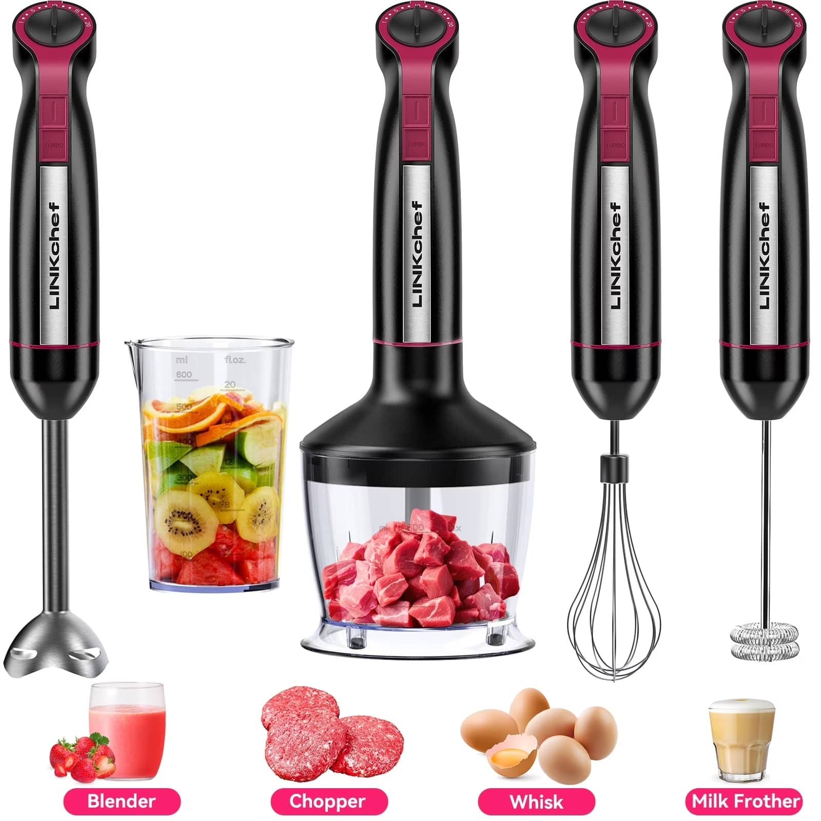 Chery Life - 20-Speed 1000W 5-in-1 Immersion Hand Blender, Stick Blender with Turbo Mode,600ml Beaker - Black