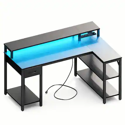 Front. Bestier - 47-Inch L-Shaped Gaming Desk with RGB LED Lights, USB Charging Station, Power Outlet, Monitor Stand & Storage Shelves - Black.