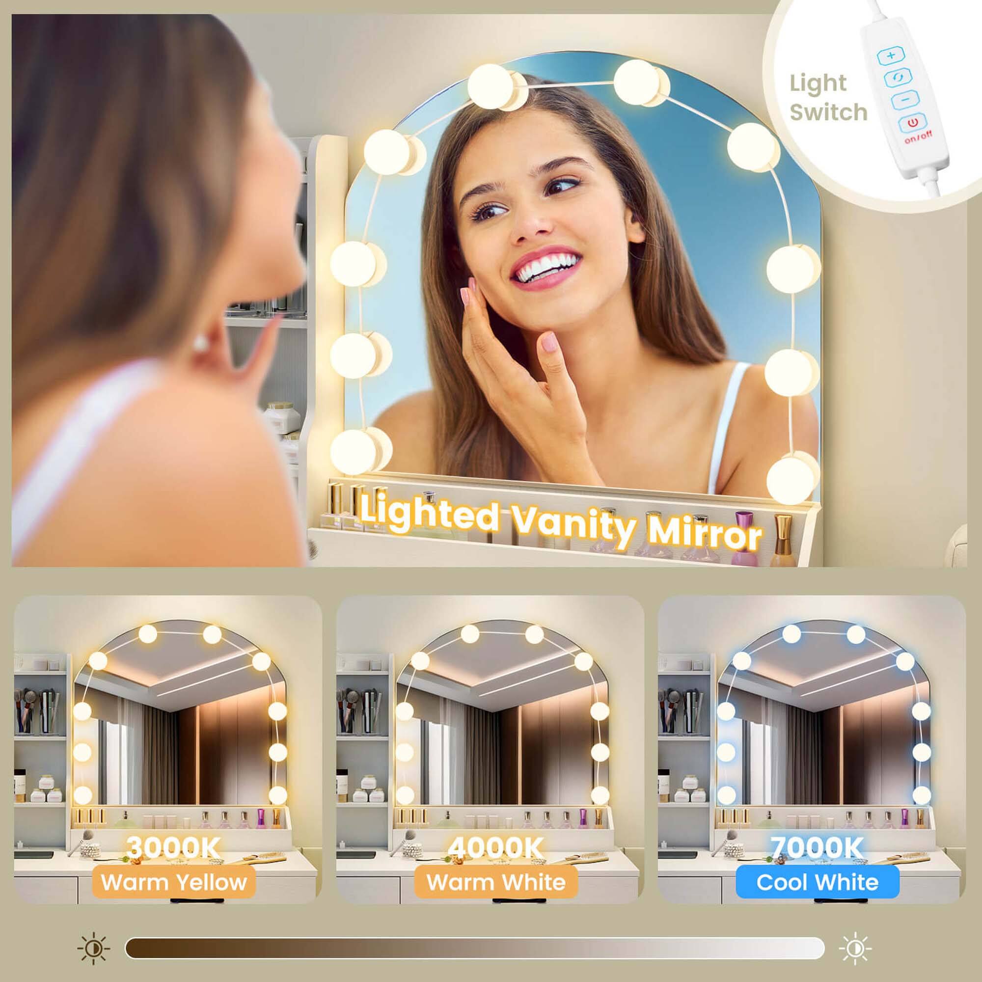 Lighted Vanity Mirror

Light Switch

3000K Warm Yellow

4000K Warm White

7000K Cool White