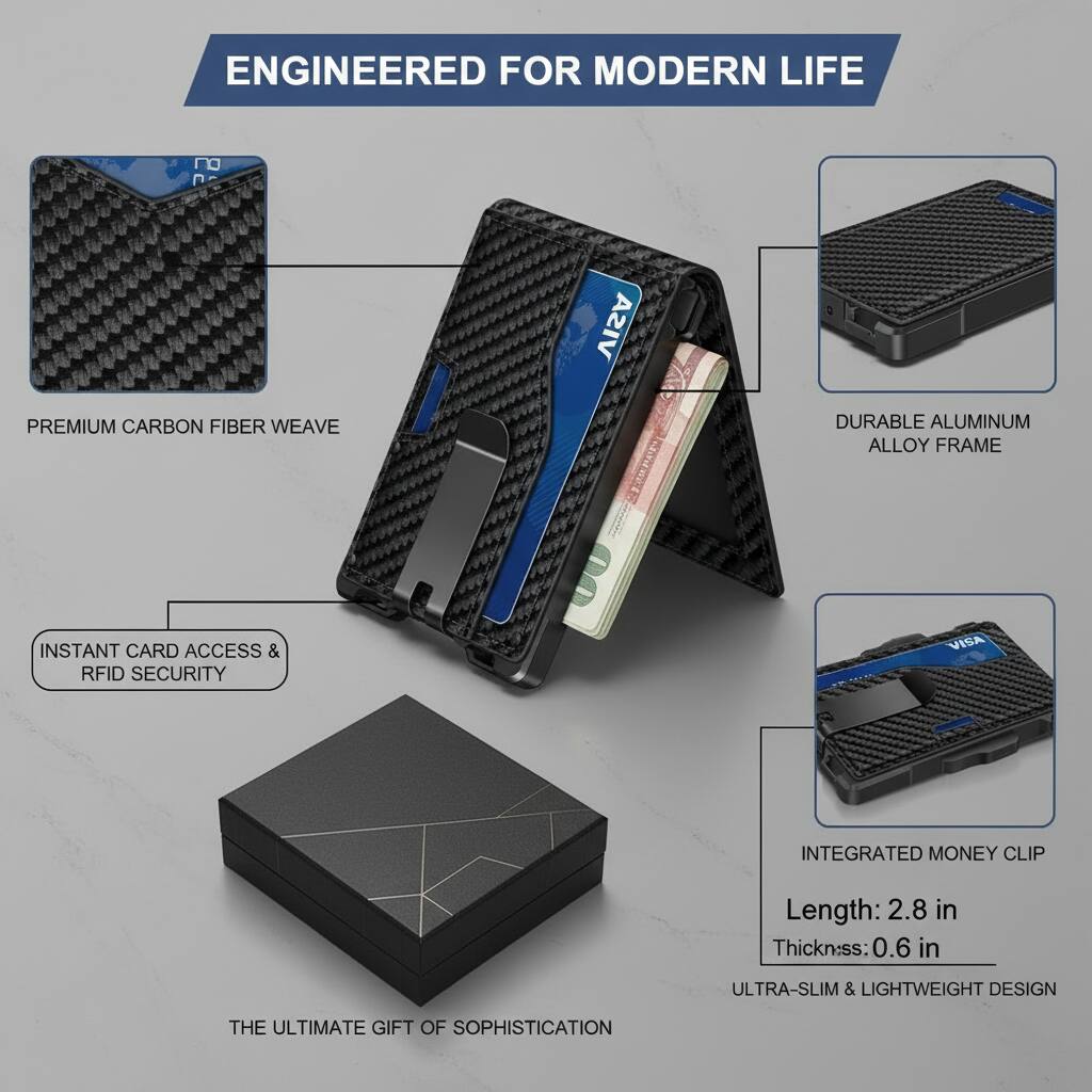 ENGINEERED FOR MODERN LIFE

- PREMIUM CARBON FIBER WEAVE
- DURABLE ALUMINUM ALLOY FRAME
- INSTANT CARD ACCESS & RFID SECURITY
- VISA INTEGRATED MONEY CLIP

Length: 2.8 in  
Thickness: 0.6 in  
ULTRA-SLIM & LIGHTWEIGHT DESIGN

THE ULTIMATE GIFT OF SOPHISTICATION