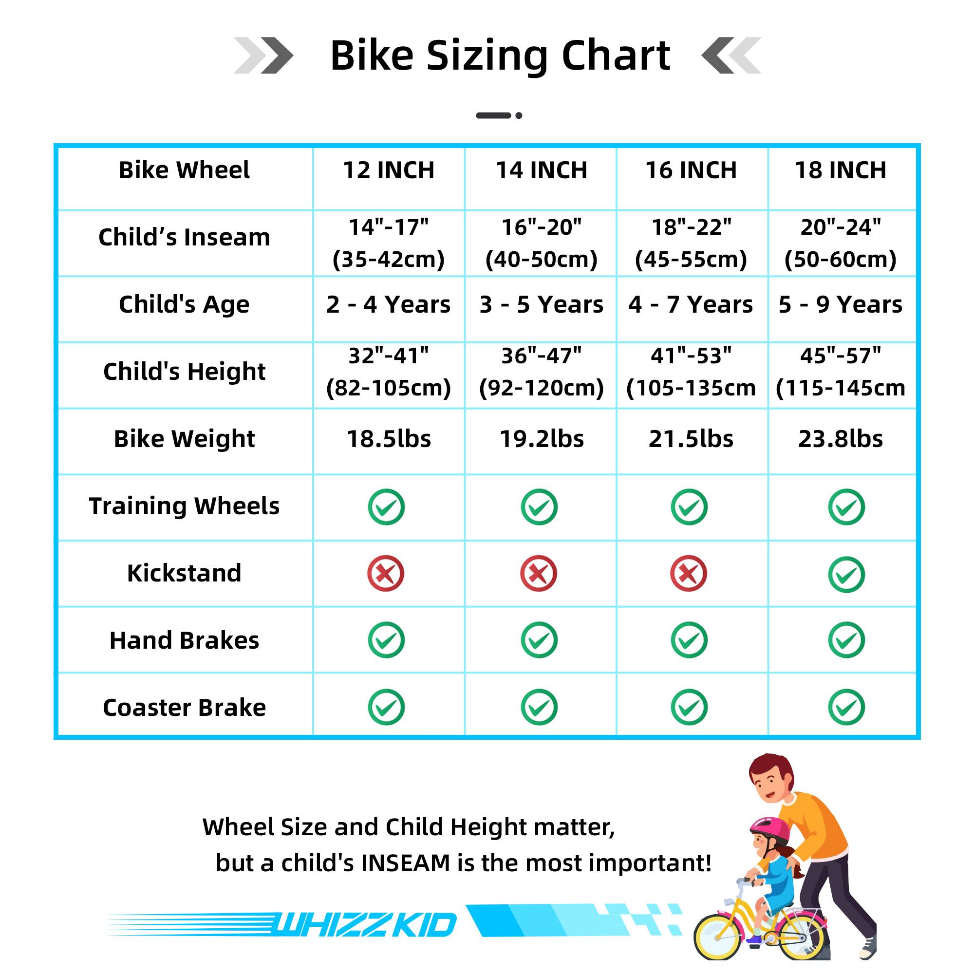 Bike Sizing Chart

Bike Wheel | 12 INCH | 14 INCH | 16 INCH | 18 INCH
--- | --- | --- | --- | ---
Child's Inseam | 14"-17" (35-42cm) | 16"-20" (40-50cm) | 18"-22" (45-55cm) | 20"-24" (50-60cm)
Child's Age | 2 - 4 Years | 3 - 5 Years | 4 - 7 Years | 5 - 9 Years
Child's Height | 32"-41" (82-105cm) | 36"-47" (92-120cm) | 41"-53" (105-135cm) | 45"-57" (115-145cm)
Bike Weight | 18.5lbs | 19.2lbs | 21.5lbs | 23.8lbs
Training Wheels | ✔️ | ✔