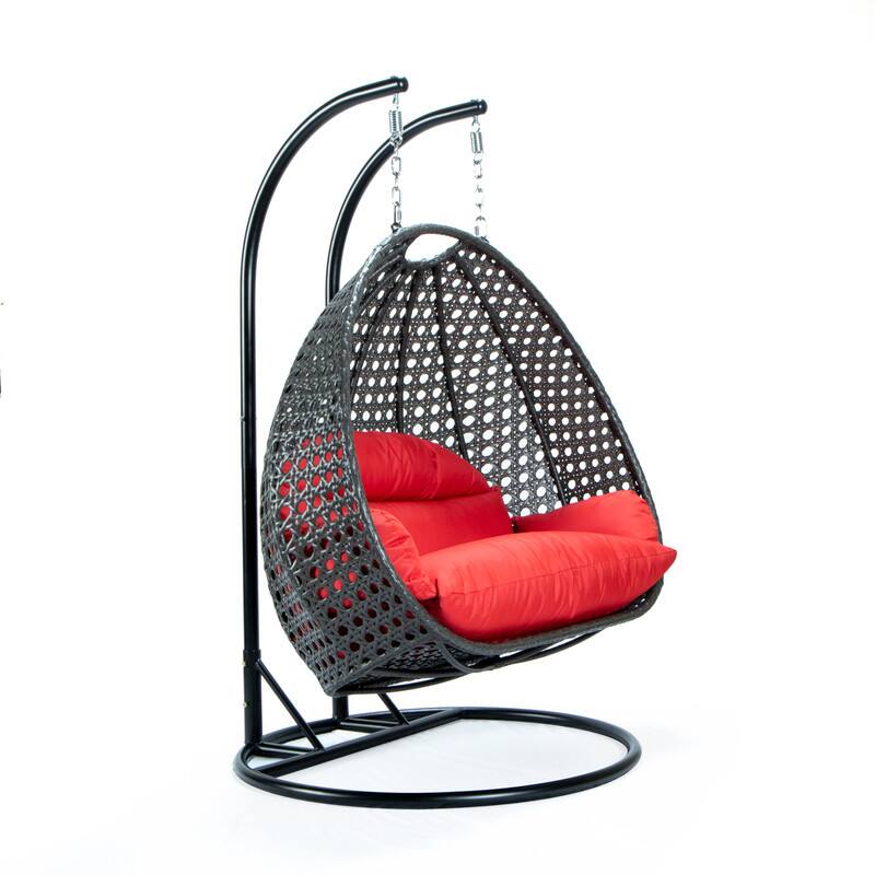Back. LeisureMod - Leisuremod Outdoor 2-Person Charcoal Wicker Egg Swing Chair with Steel Stand, Washable Cushions & Waterproof Cover - Red.