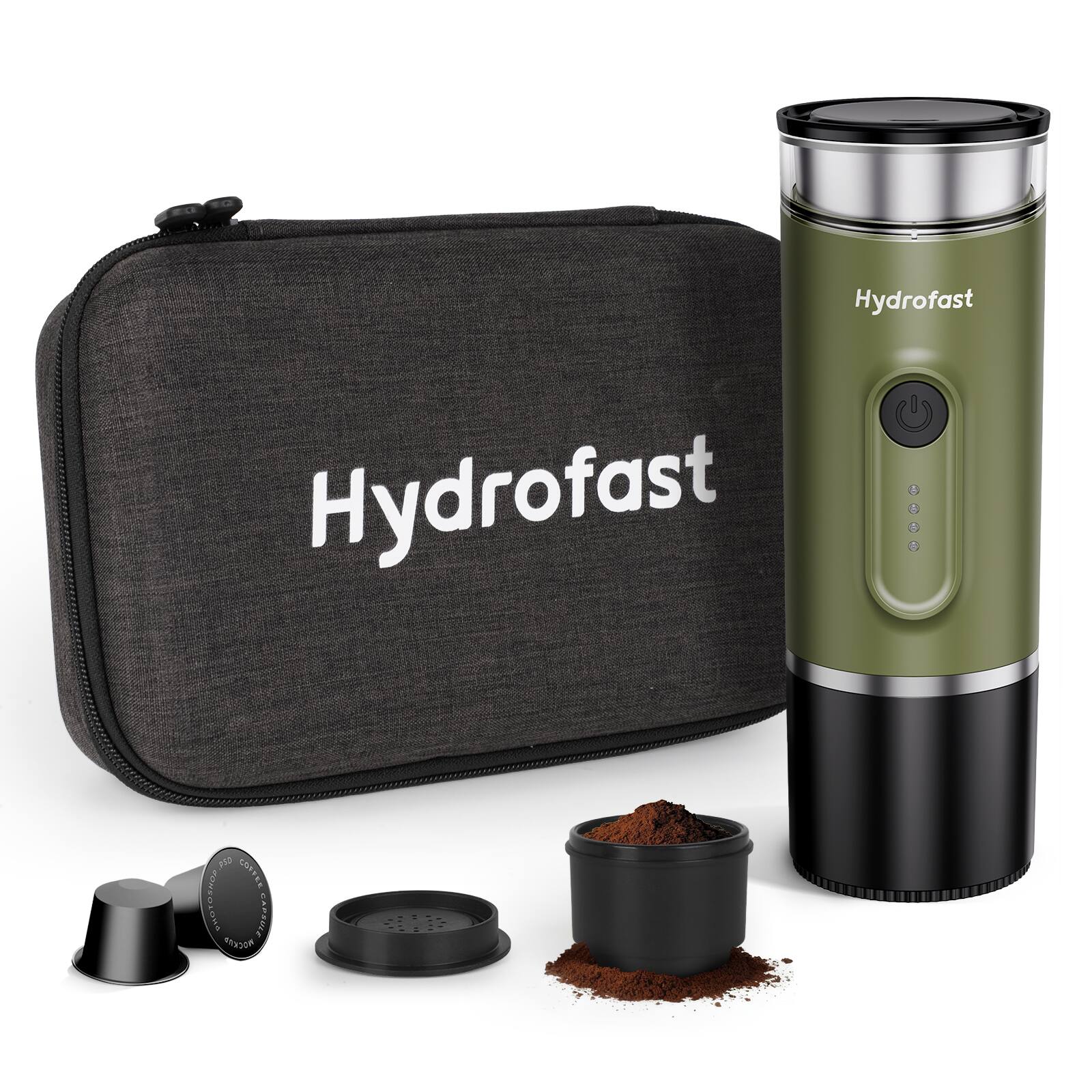 Left. Hydrofast - PO-100 Portable Espresso Maker, 20-Bar Pressure, 9600mAh, 2-in-1 Capsule & Ground Coffee, Wireless Heating, for Travel - Army Green.