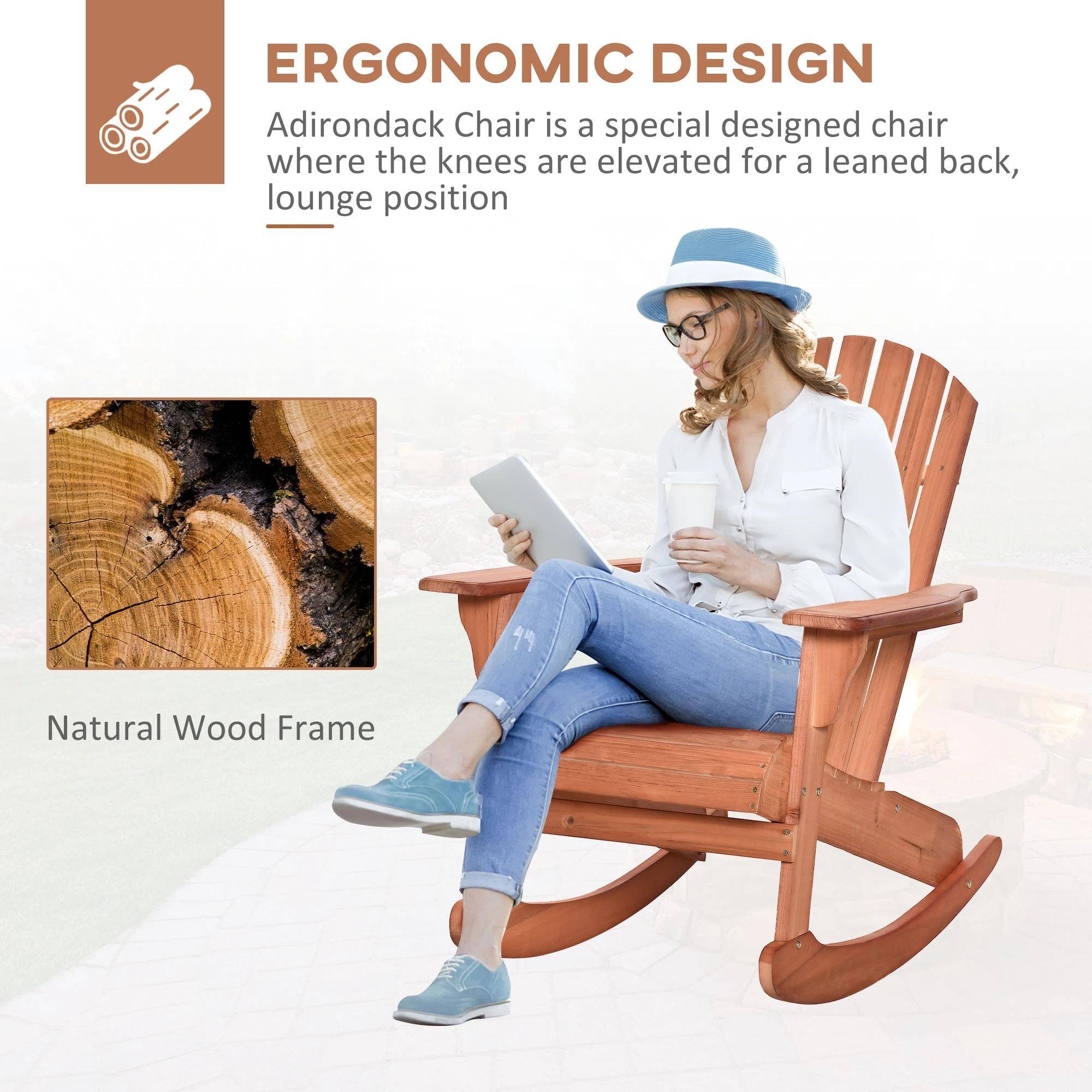 ERGONOMIC DESIGN  
Adirondack Chair is a special designed chair where the knees are elevated for a leaned back, lounge position  

Natural Wood Frame