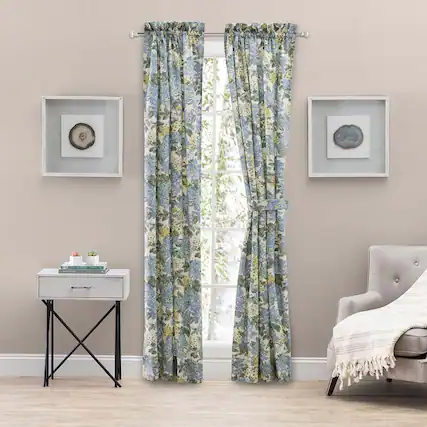 Front. Ellis Curtain - Ellis Hydrangea Classic Pattern Printed 1.5" Rod Pocket Window Tailored Pair with Ties 68"x63" Blue - Blue.