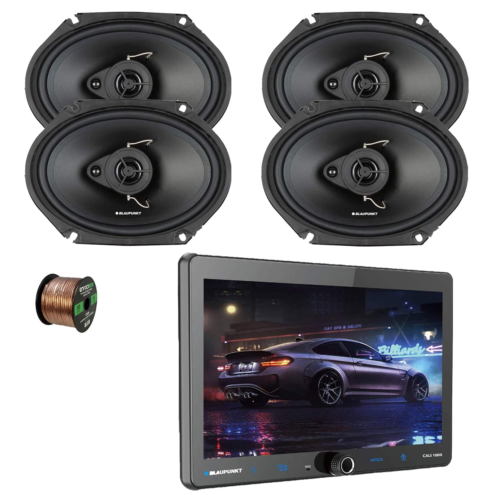 Blaupunkt - CALI 1000 10.1" Touchscreen Single DIN GPS/WiFi Bluetooth AM/FM Receiver, 4x 6x8" 60W 3-Way Car Speaker w/Wire