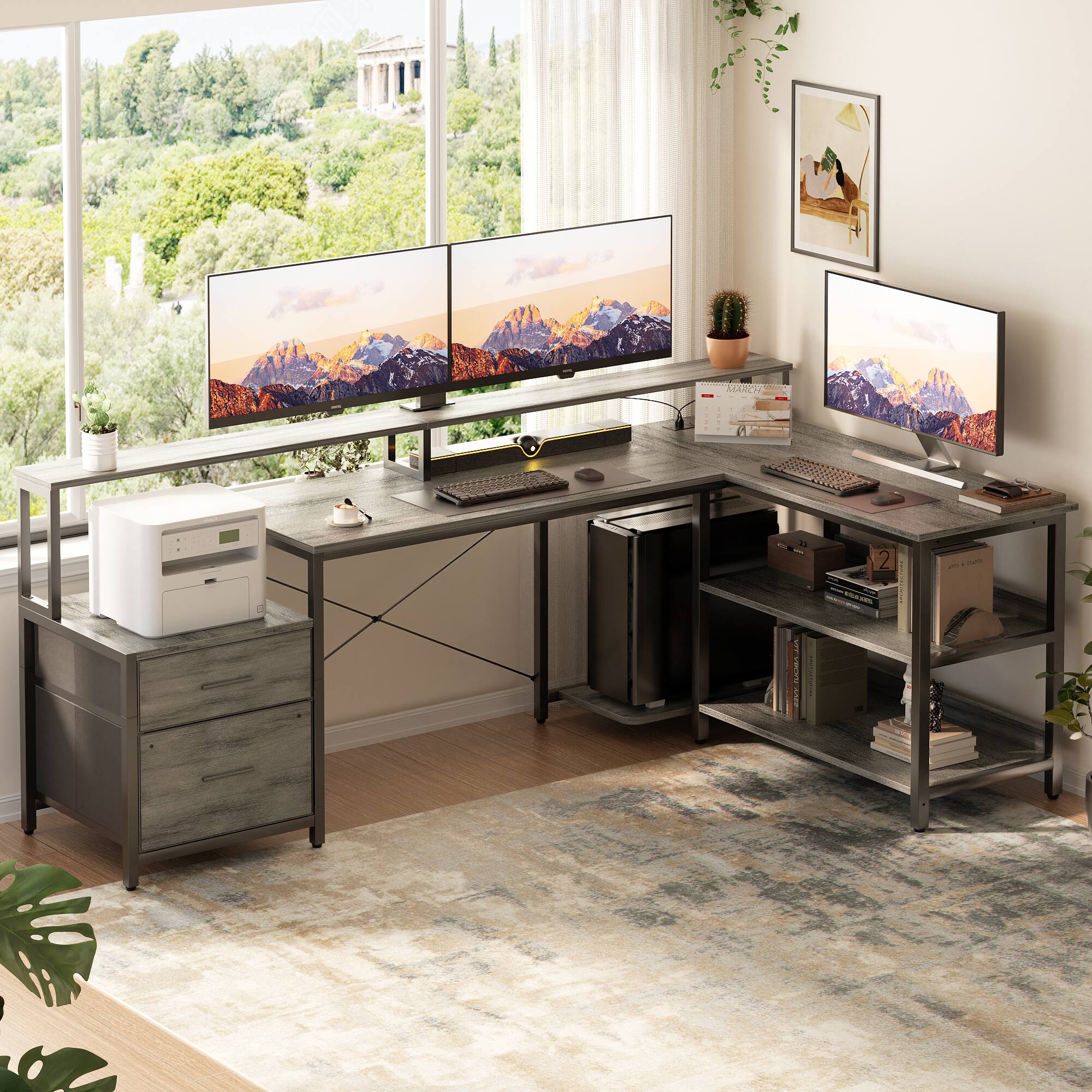 Angle. Aheaplus - Reversible L Shaped Gaming/Office Desk with Power Outlet, File Drawer, Monitor Stand, LED Strip & Storage Shelf - White Oak.