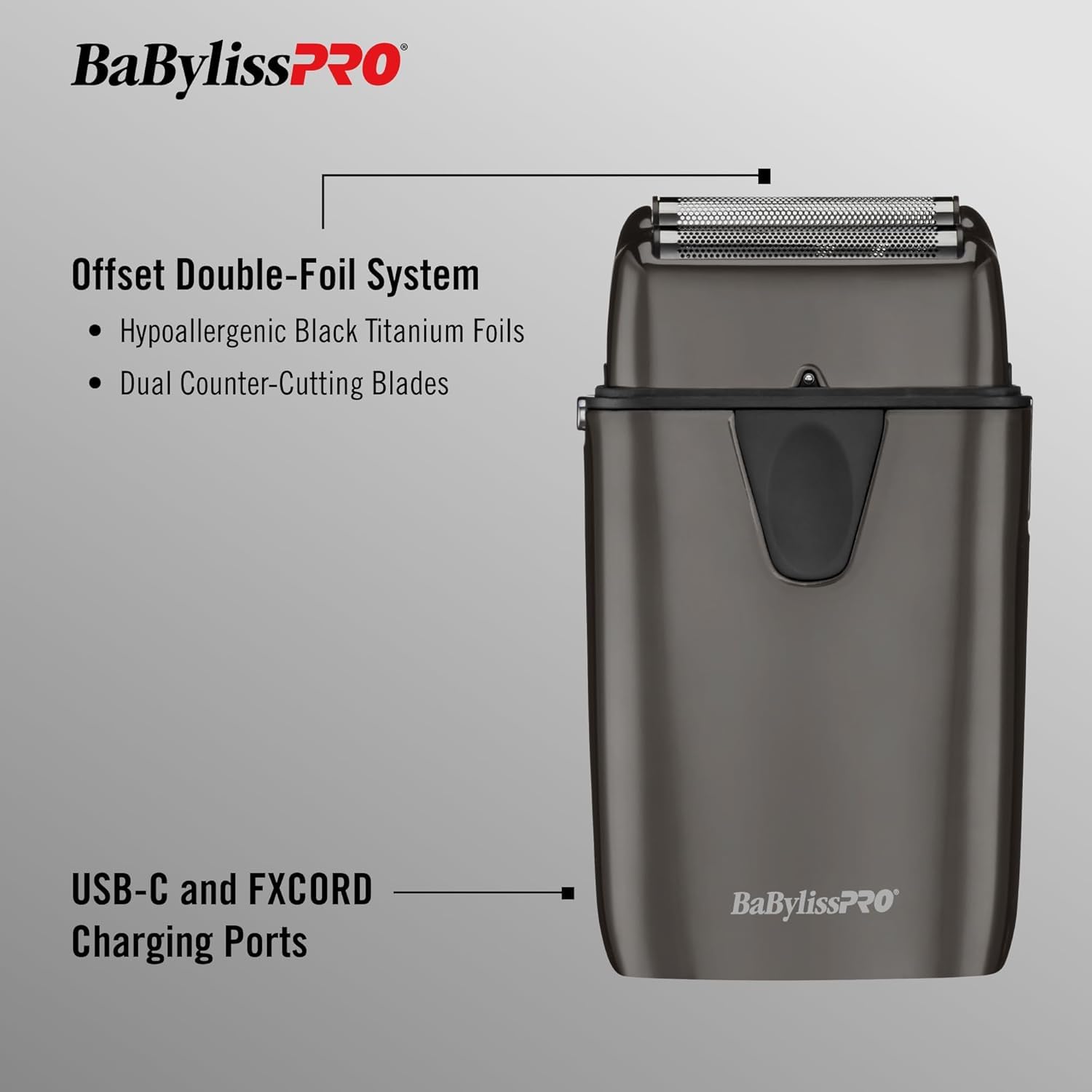BaBylissPRO Offset Double-Foil System Hypoallergenic Black Titanium Foils Dual Counter-Cutting Blades USB-C and FXCORD Charging Ports