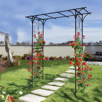Front. Loheer - 6.69 x 1.71 x 6.76 ft Metal Garden Arch Plant Support Trellis for Outdoor Wedding Garden - Black.