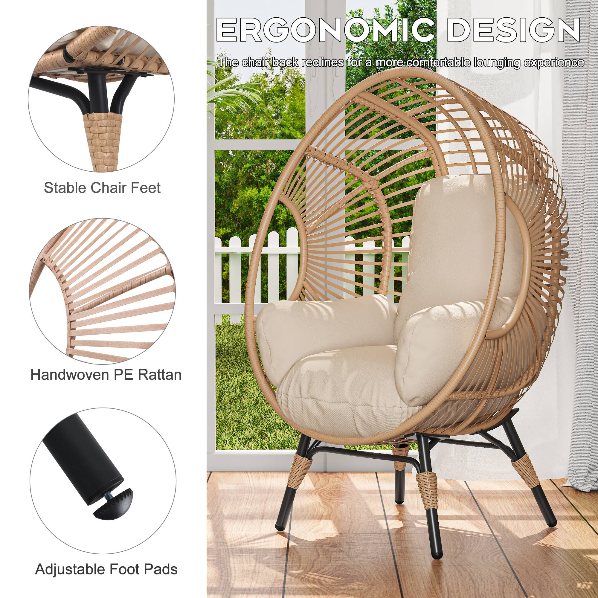 ERGONOMIC DESIGN  
The chair back reclines for a more comfortable lounging experience  

- Stable Chair Feet  
- Handwoven PE Rattan  
- Adjustable Foot Pads