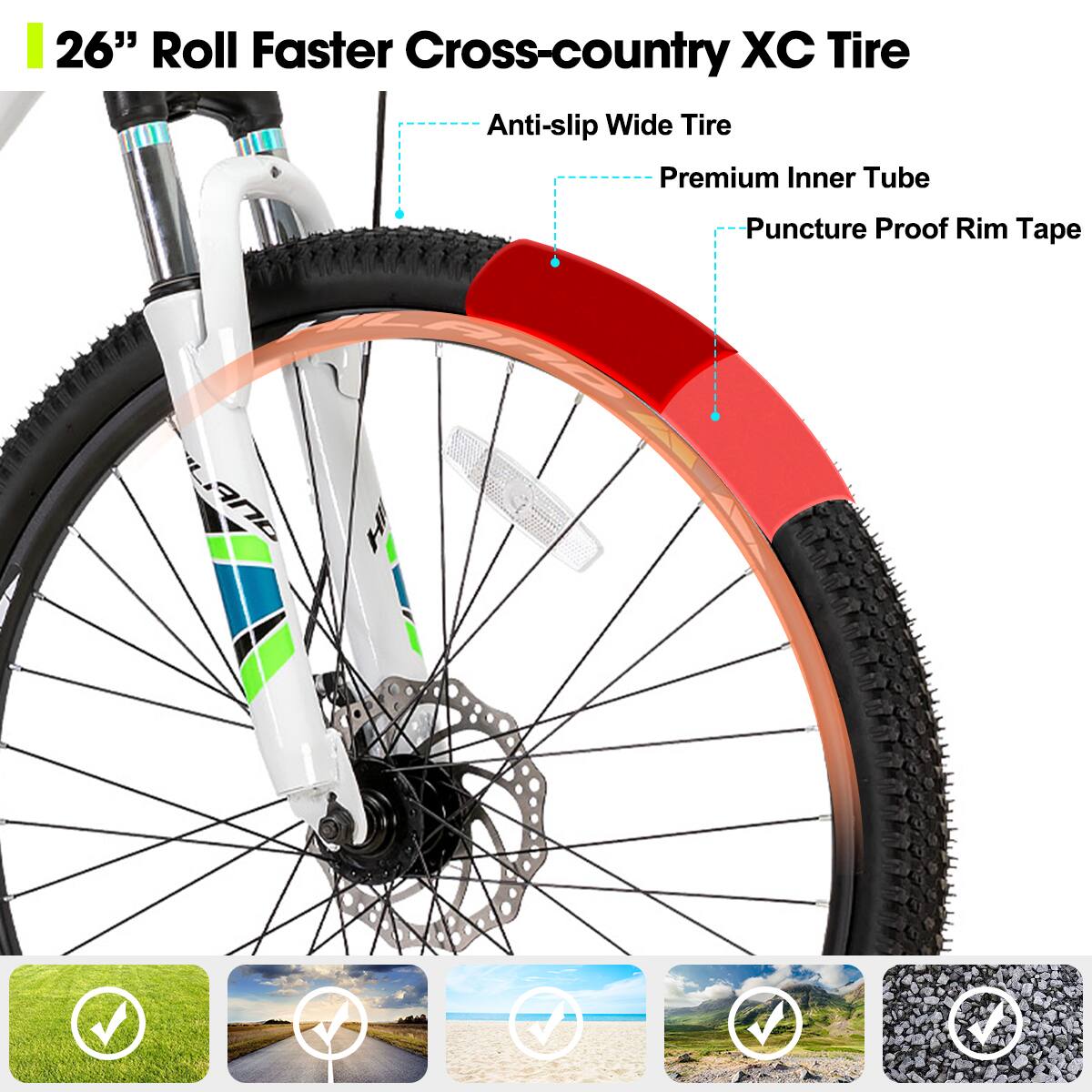26" Roll Faster Cross-country XC Tire
Anti-slip Wide Tire
Premium Inner Tube
Puncture Proof Rim Tape
