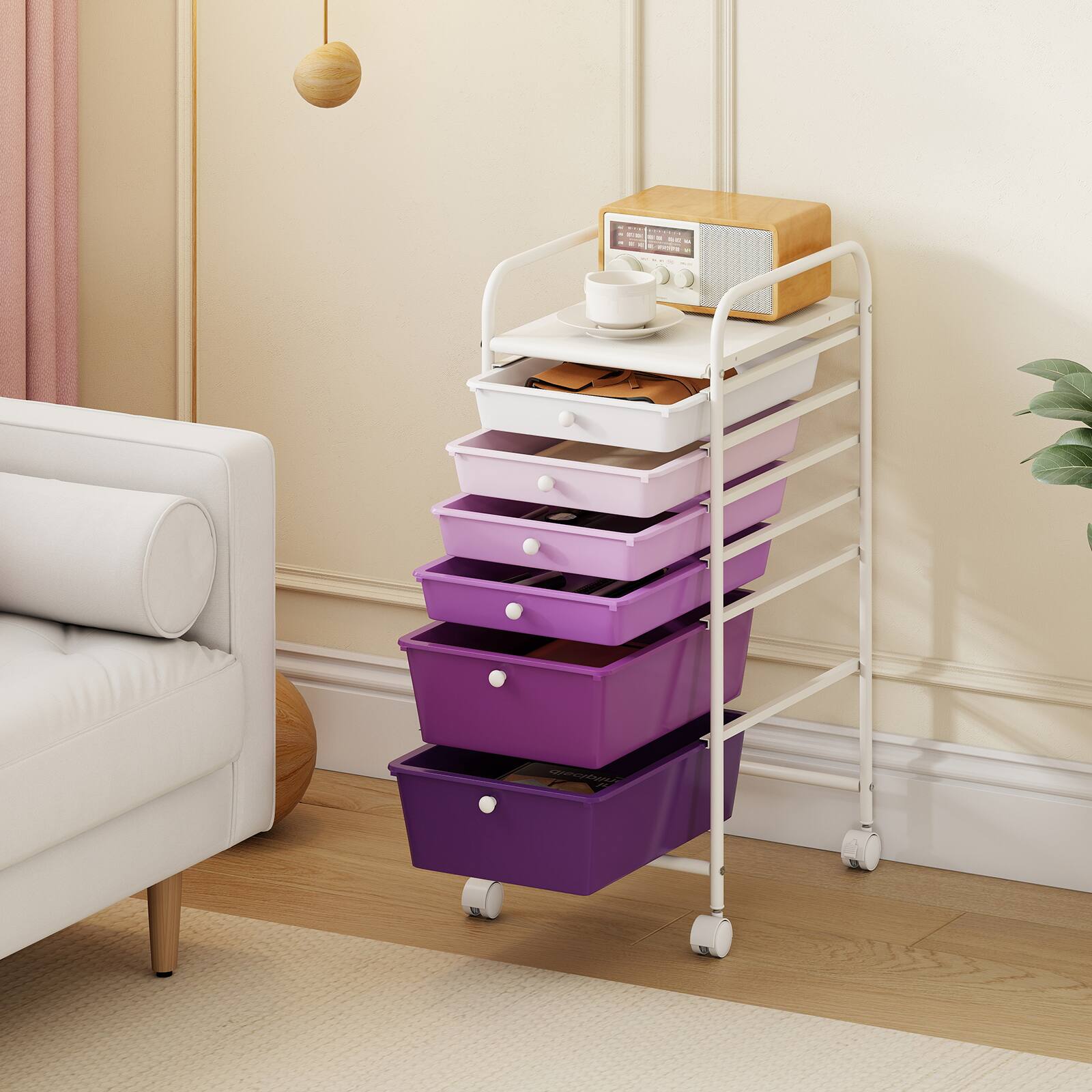 Alt View 1. Costway - Costway 6-Drawer Rolling Art & Craft Storage Cart with Removable Drawers & Metal Frame, Lockable Wheels - Gradient Purple.