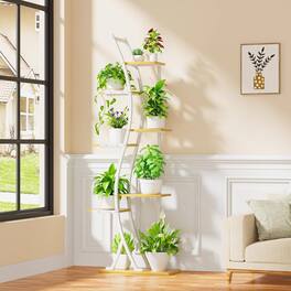 SlickBlue - Indoor Plant Stand with Metal Frame – Elegant Wood Finish Shelves for Home Organization - White