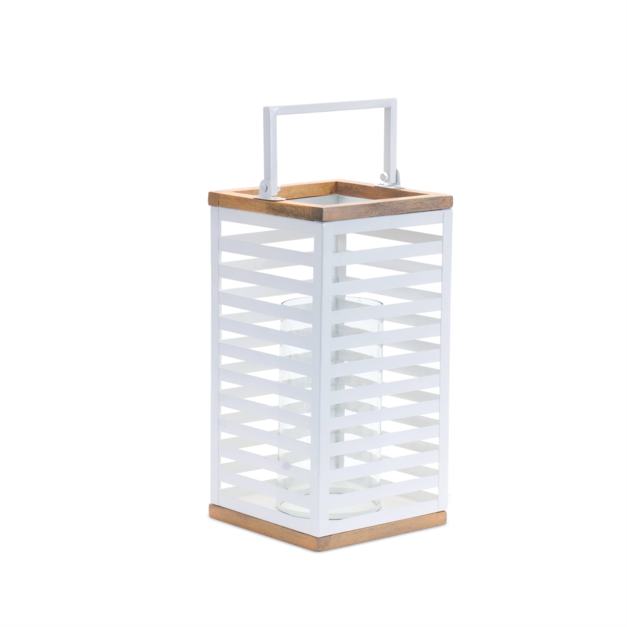 Left. BreeBe - Metal Box Lantern with Natural Wood Accents (Set of 2) - White.