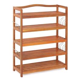 Ecooso - 5-Tier Shoe Rack Acacia Wood Organizer with Side Metal Hooks for Multi-Use Storage - Natural