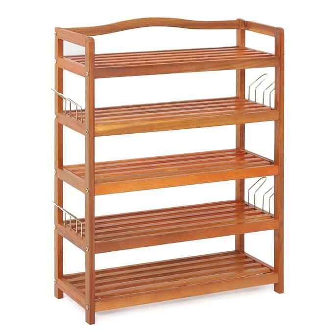 Front. Ecooso - 5-Tier Shoe Rack Acacia Wood Organizer with Side Metal Hooks for Multi-Use Storage - Natural.